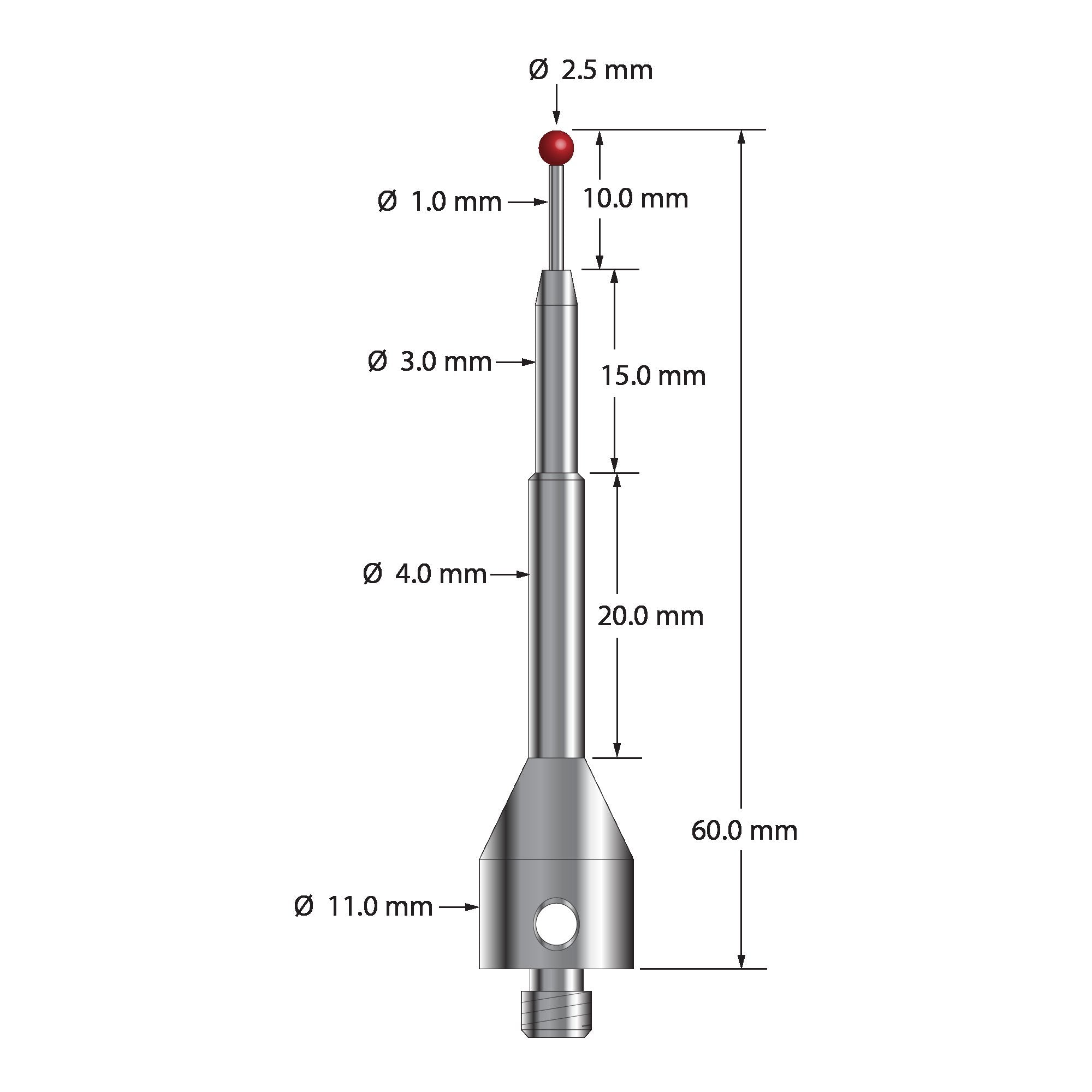 ASG-2560 M5 stylus with 2.5mm ruby ball, carbide stem, and stainless steel base, 60mm long by Q-Mark Manufacturing, Inc.