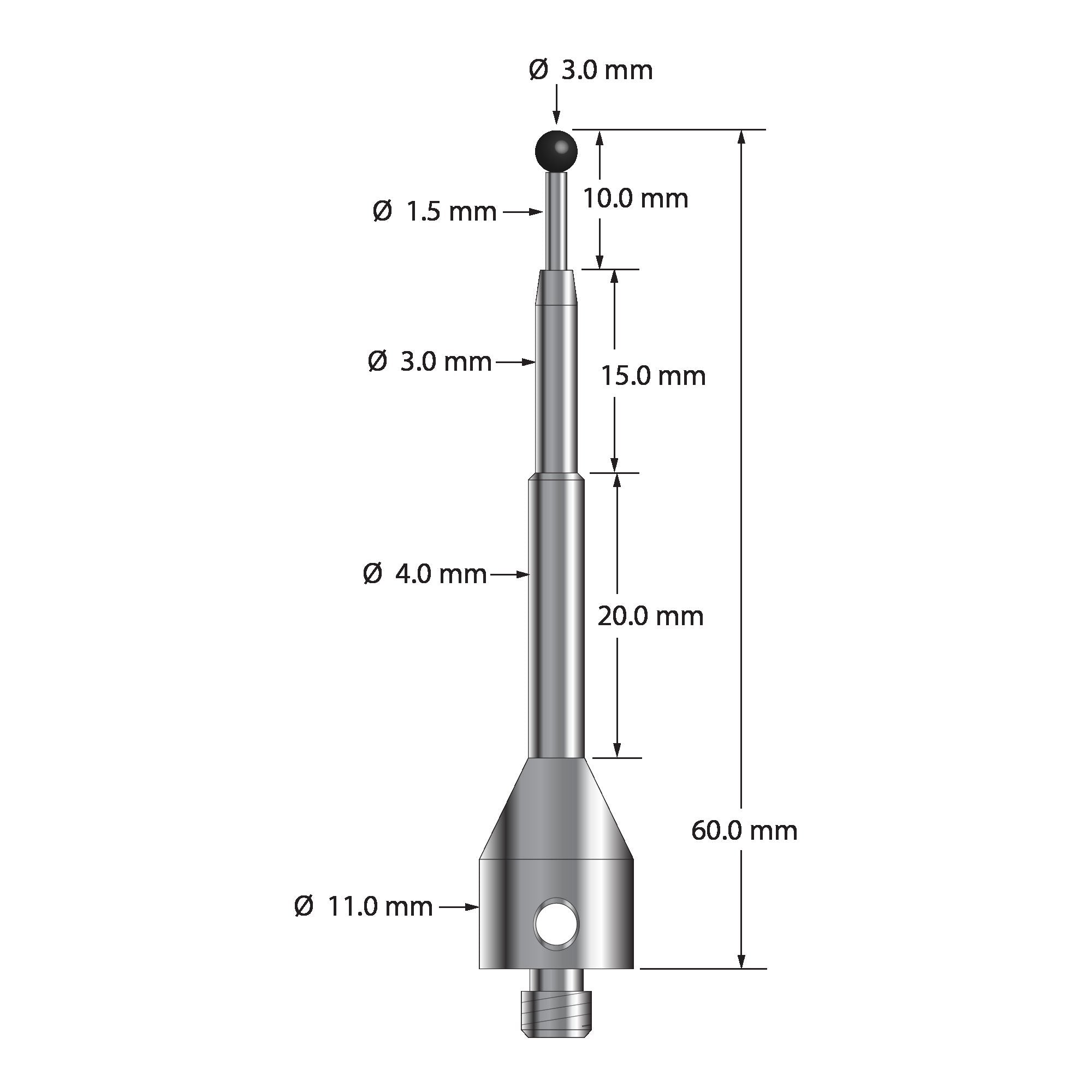 ASG-3060-SN M5 3.0mm silicon nitride stylus with carbide stem and stainless steel base, 60.0mm long by Q-Mark Manufacturing, Inc.