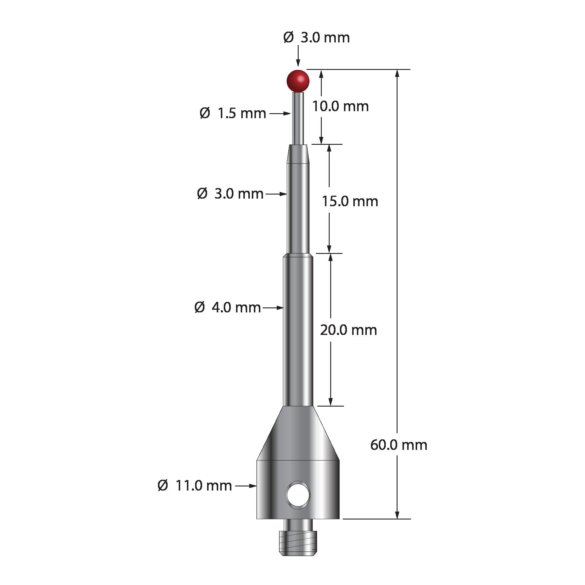 ASG-3060 M5 stylus with 3.0mm ruby ball, carbide stem, and stainless steel base, 60.0mm long by Q-Mark Manufacturing, Inc.