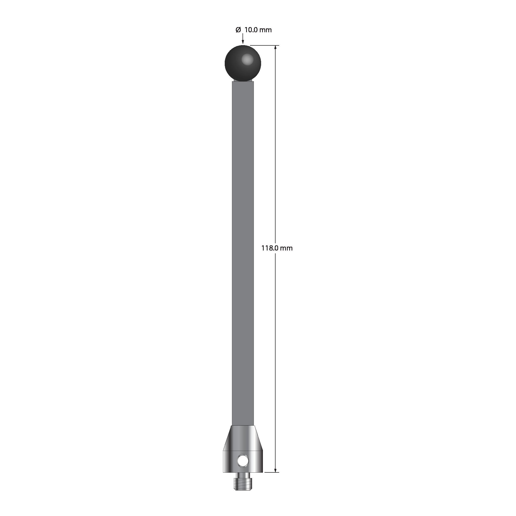 ATG-100118-TX-SN M5 stylus with 10mm silicon nitride ball, carbon fiber stem, and titanium base, 118mm long.