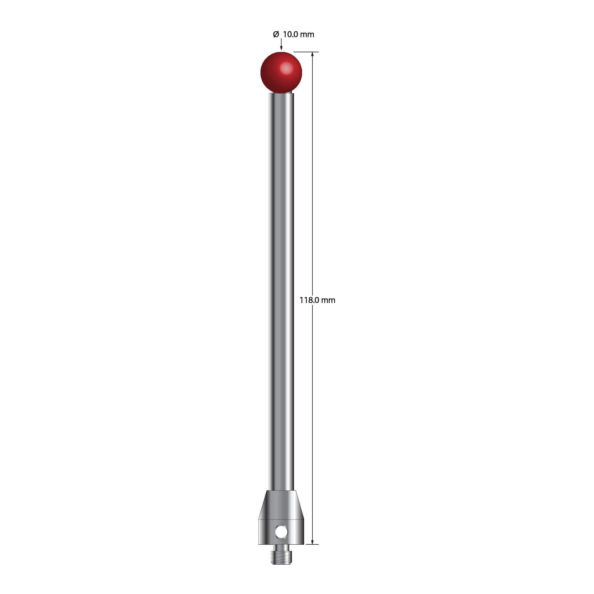 ATG-100118 M5 stylus with 10.0mm ruby ball, carbide stem, stainless steel base, 118.0mm long by Q-Mark Manufacturing, Inc.