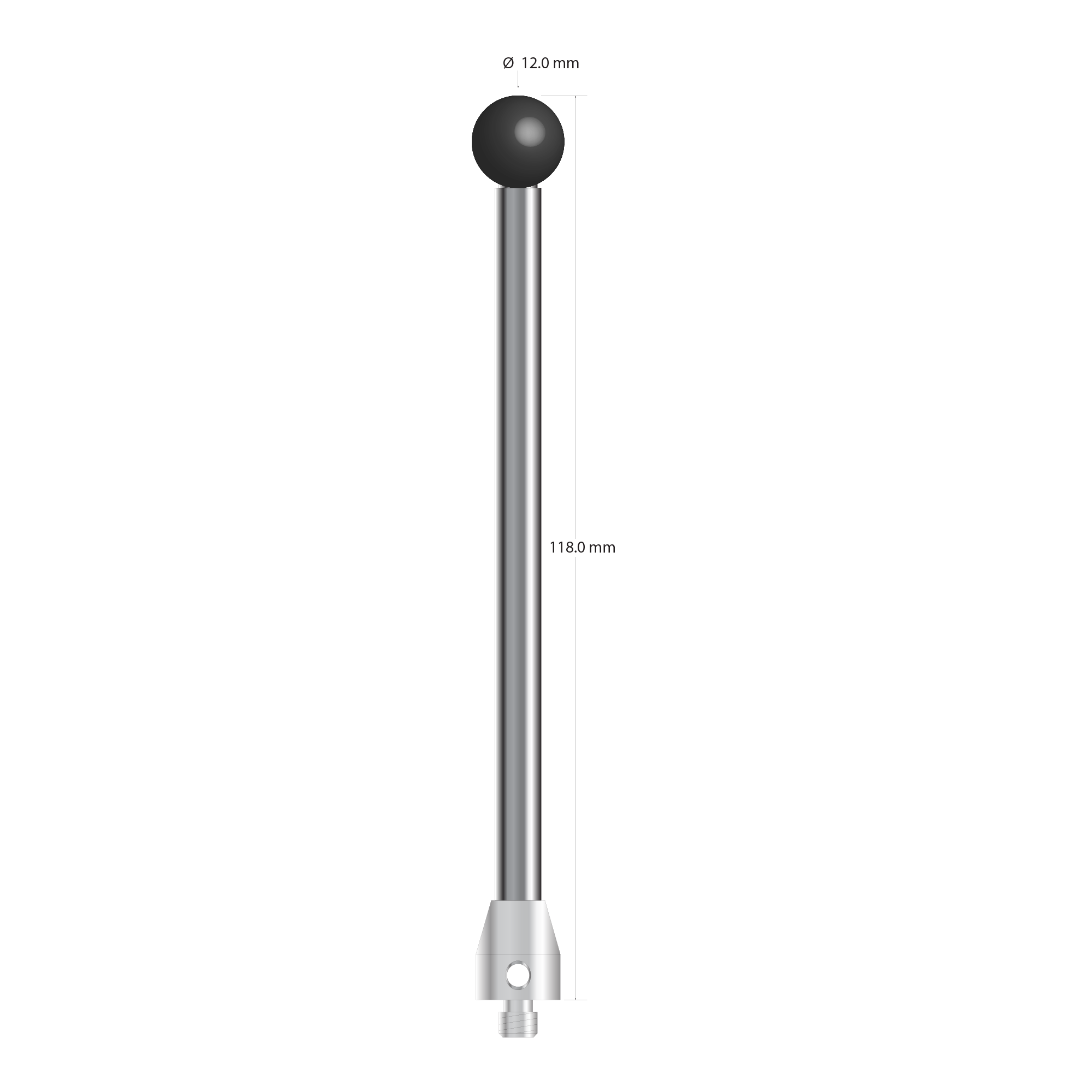 ATG-120118-SN M5 stylus with 12.0 mm silicon nitride ball, carbide stem, and stainless steel base, 118.0 mm long by Q-Mark Manufacturing, Inc.