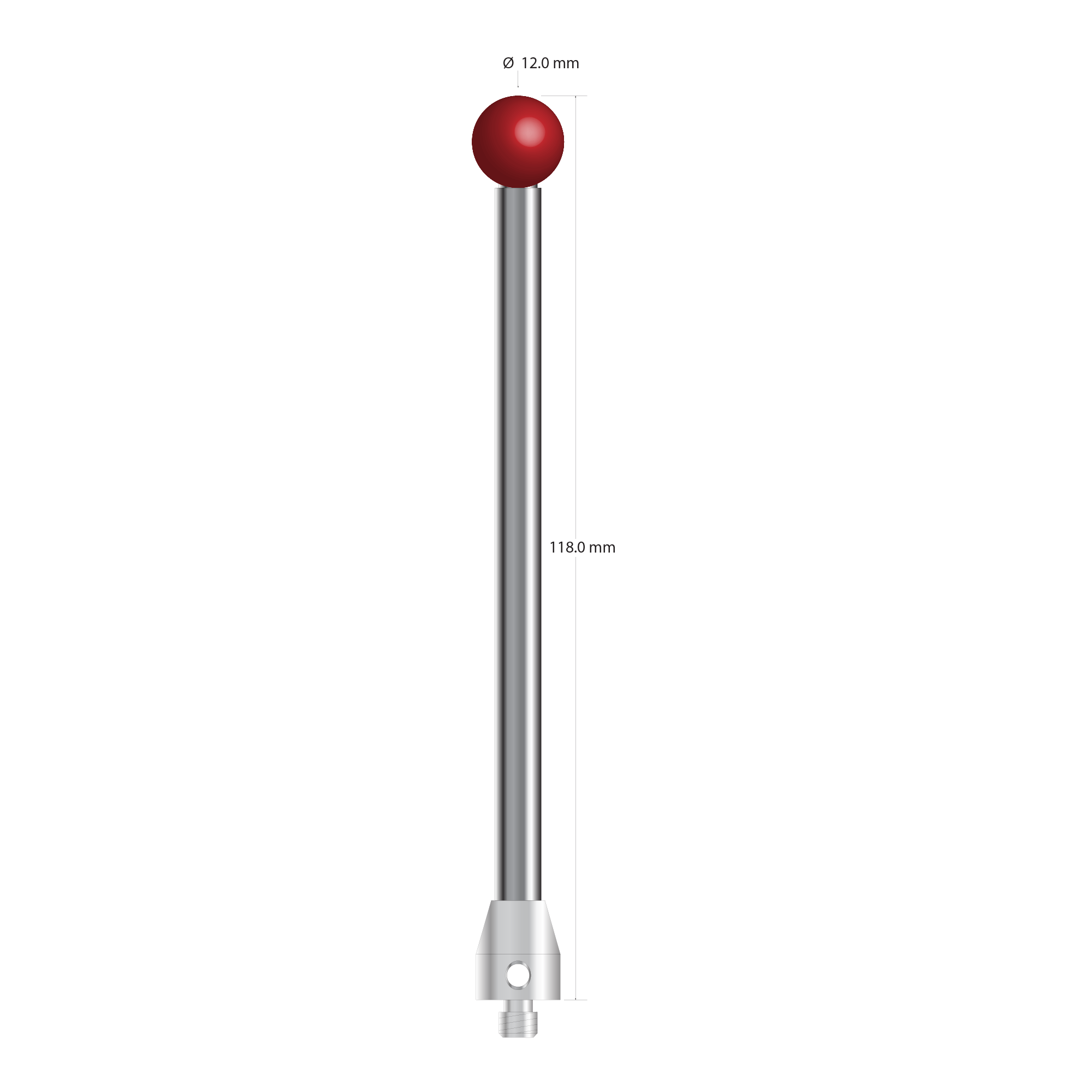 ATG-120118 M5 12.0mm ruby ball stylus with carbide stem and stainless steel base, 118.0mm long.