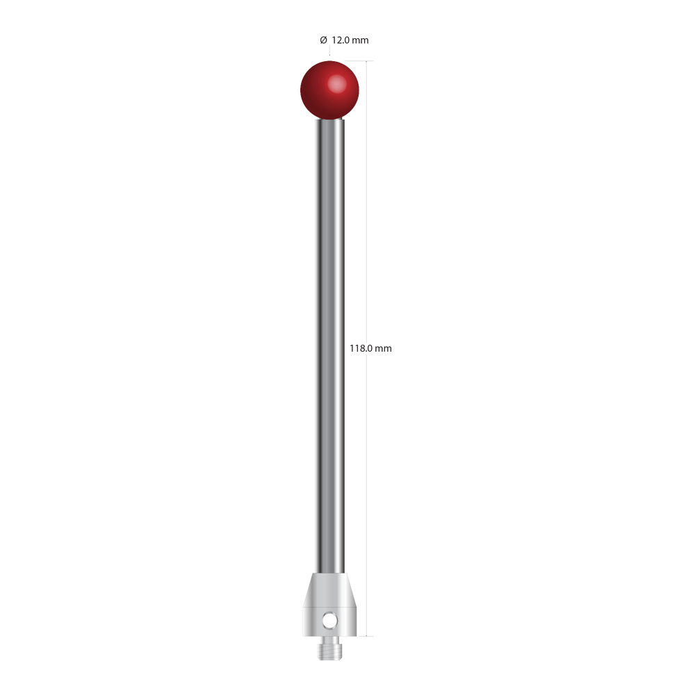 M5 stylus with 12.0 mm diameter ruby ball, 6.0 mm diameter carbide stem, and 11.0 mm diameter x 13.0 mm long stainless steel base.  Overall stylus length is 118.0 mm.  Stylus weight is 49.51 grams.  Compare to Zeiss 626105-1225-118.