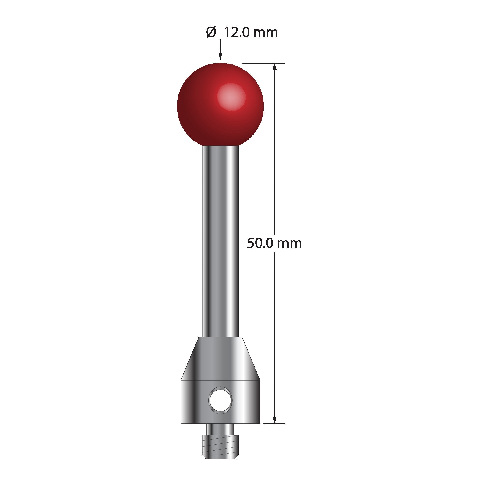 ATG-12050 M5 stylus with 12mm ruby ball, carbide stem, and stainless steel base, 50mm long by Q-Mark Manufacturing, Inc.
