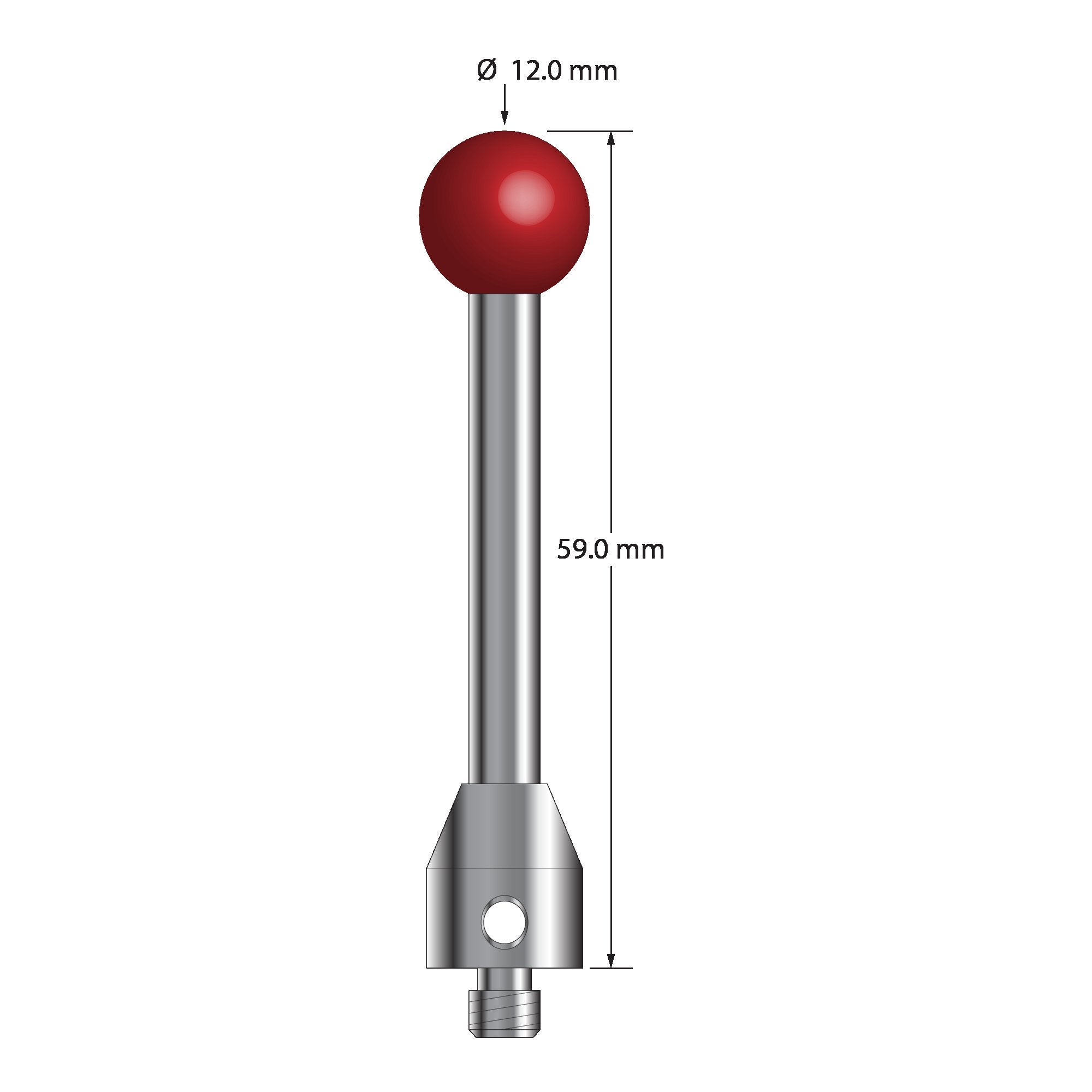 ATG-12059 M5 stylus with 12.0mm ruby ball, carbide stem, and stainless steel base, 59.0mm long by Q-Mark Manufacturing, Inc.