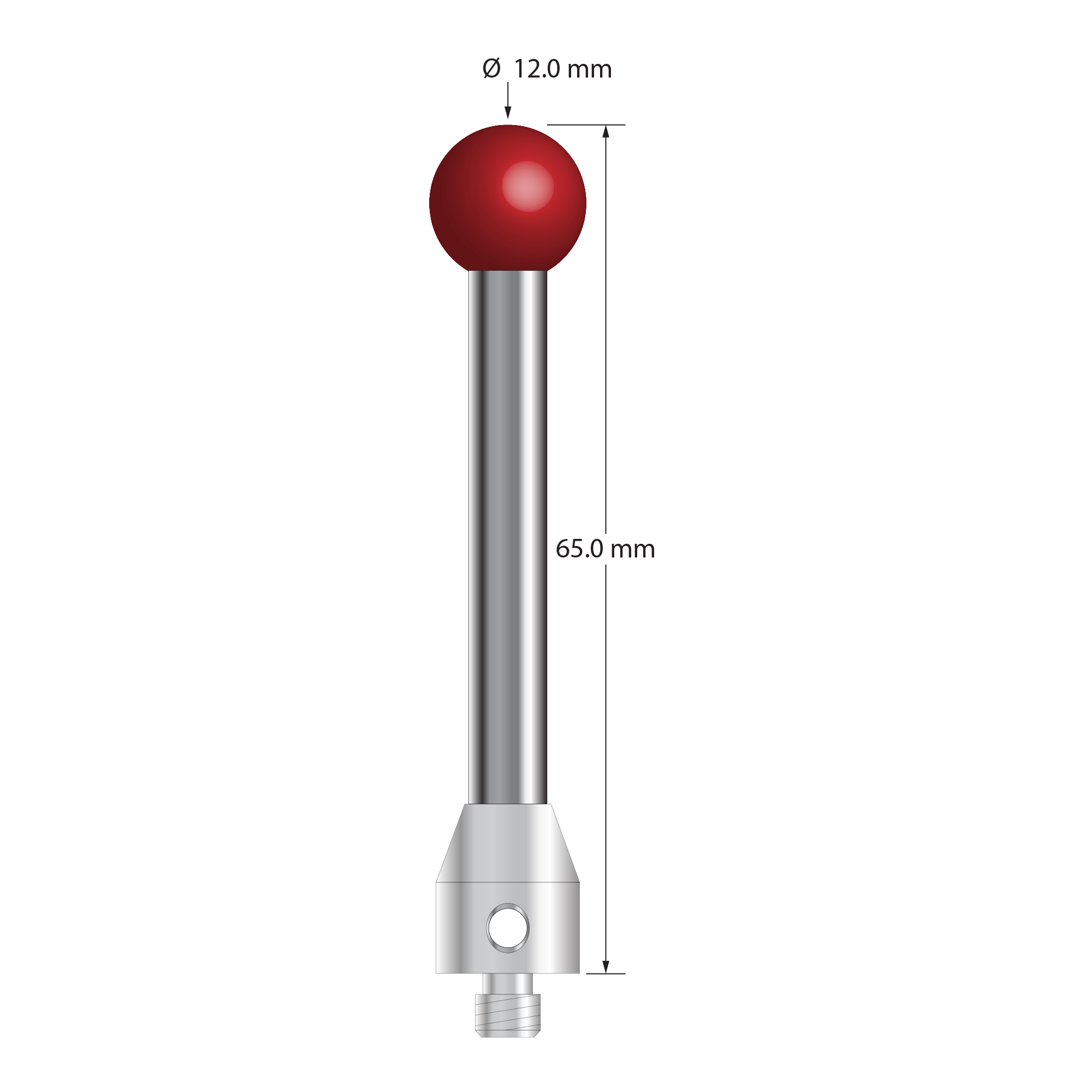 M5 stylus with 12.0 mm diameter ruby ball, 6.0 mm diameter carbide stem, and 11.0 mm diameter x 13.0 mm long stainless steel base. Overall stylus length is 65.0 mm. Stylus weight is 28.54 grams. Compare to Zeiss 626115-1200-065.