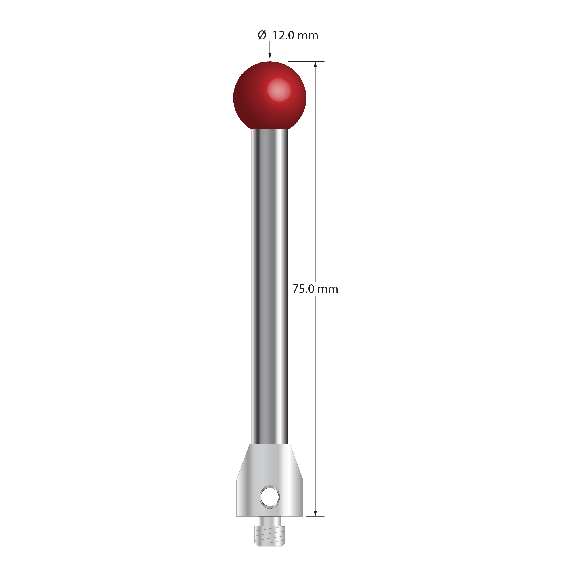 ATG-12075 M5 stylus with 12.0mm ruby ball, carbide stem, stainless steel base, 75.0mm long.