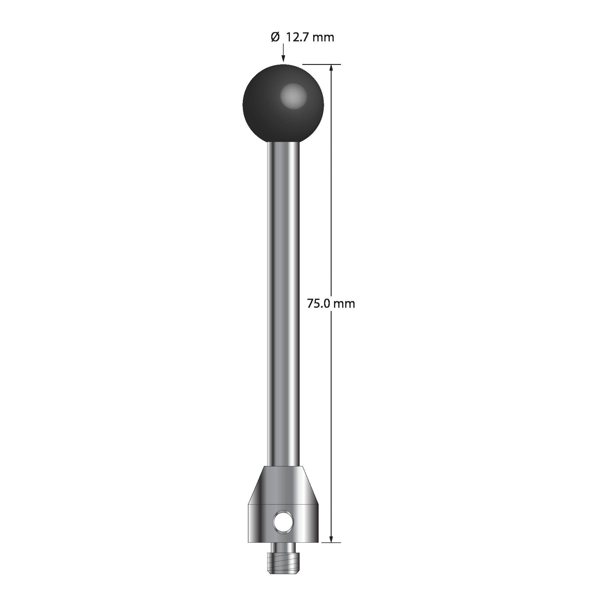 ATG-12775-SN M5 stylus with 12.7mm silicon nitride ball, carbide stem, and stainless steel base, 75mm long by Q-Mark Manufacturing, Inc.