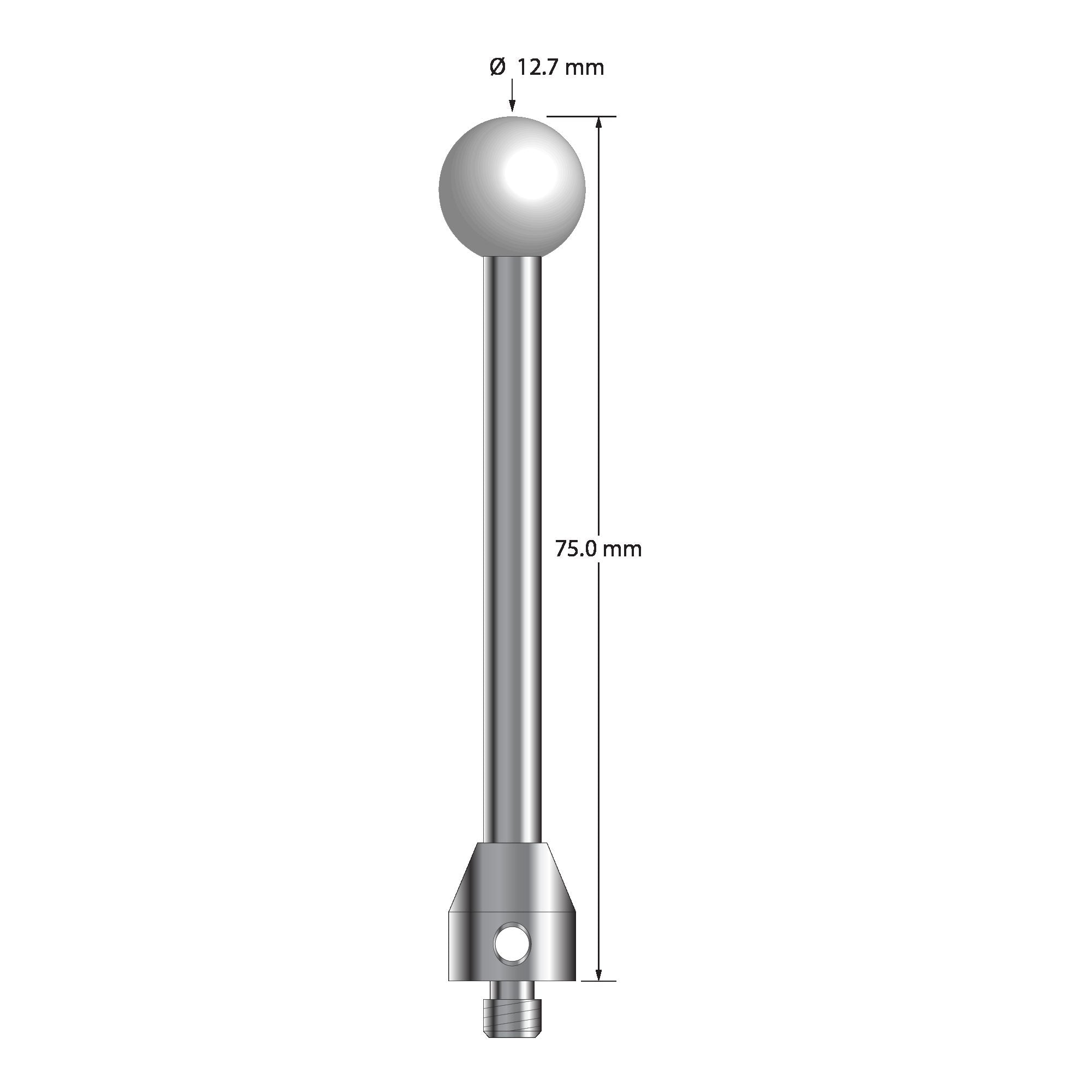 ATG-12775 M5 stylus, 12.7mm ceramic ball, carbide stem, stainless steel base, 75mm long by Q-Mark Manufacturing, Inc.