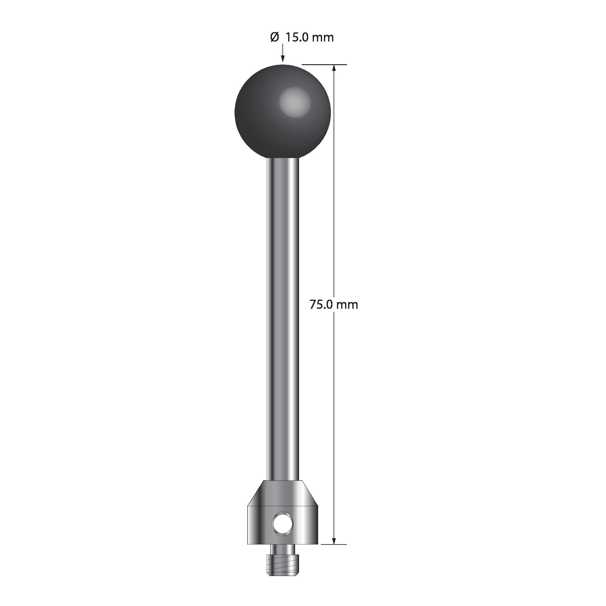 ATG-15075-SN M5 stylus with 15mm silicon nitride ball, carbide stem, and stainless steel base, 750mm long by Q-Mark Manufacturing, Inc.