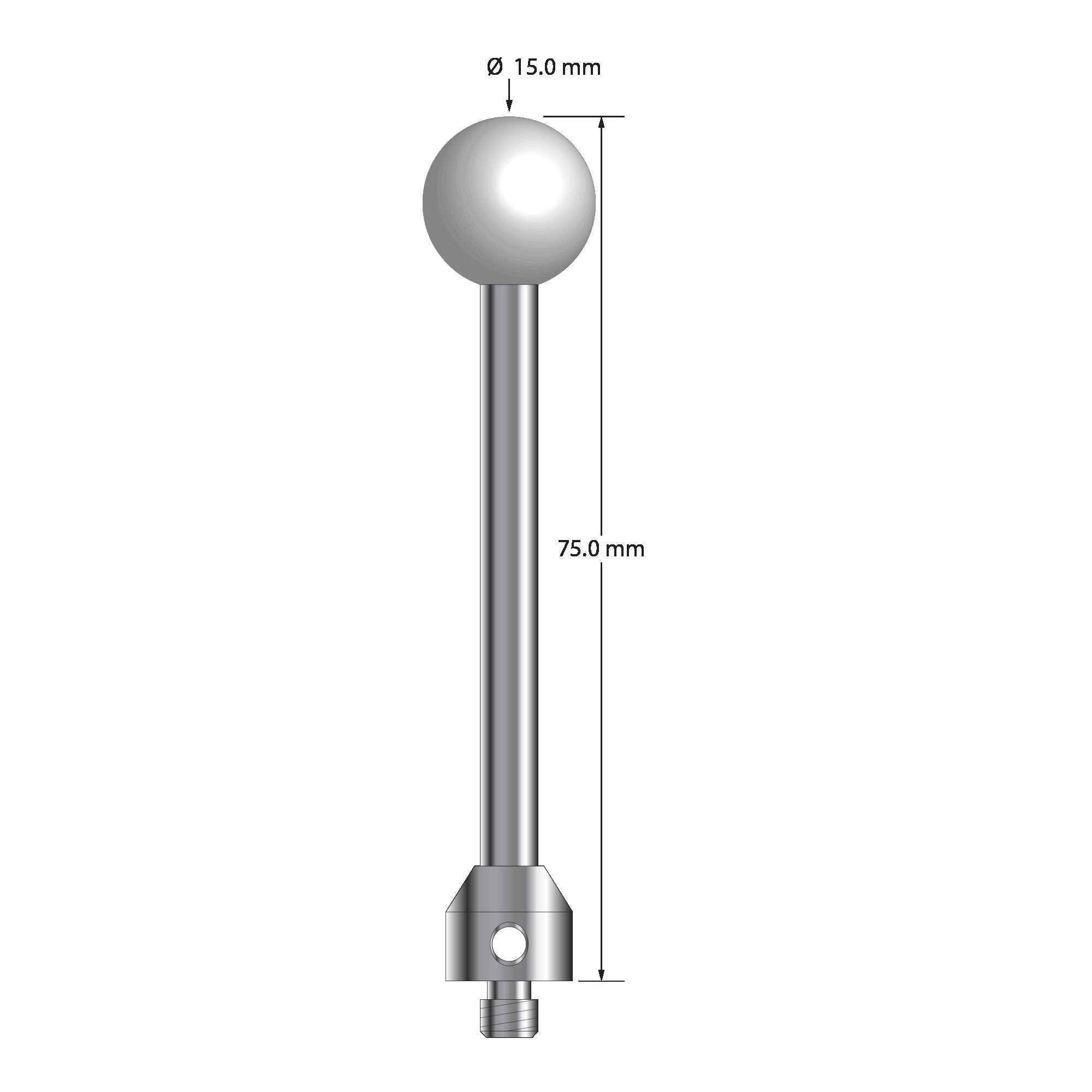 ATG-15075 M5 stylus with 15.0mm ceramic ball, carbide stem, and stainless steel base, 75.0mm long by Q-Mark Manufacturing, Inc.