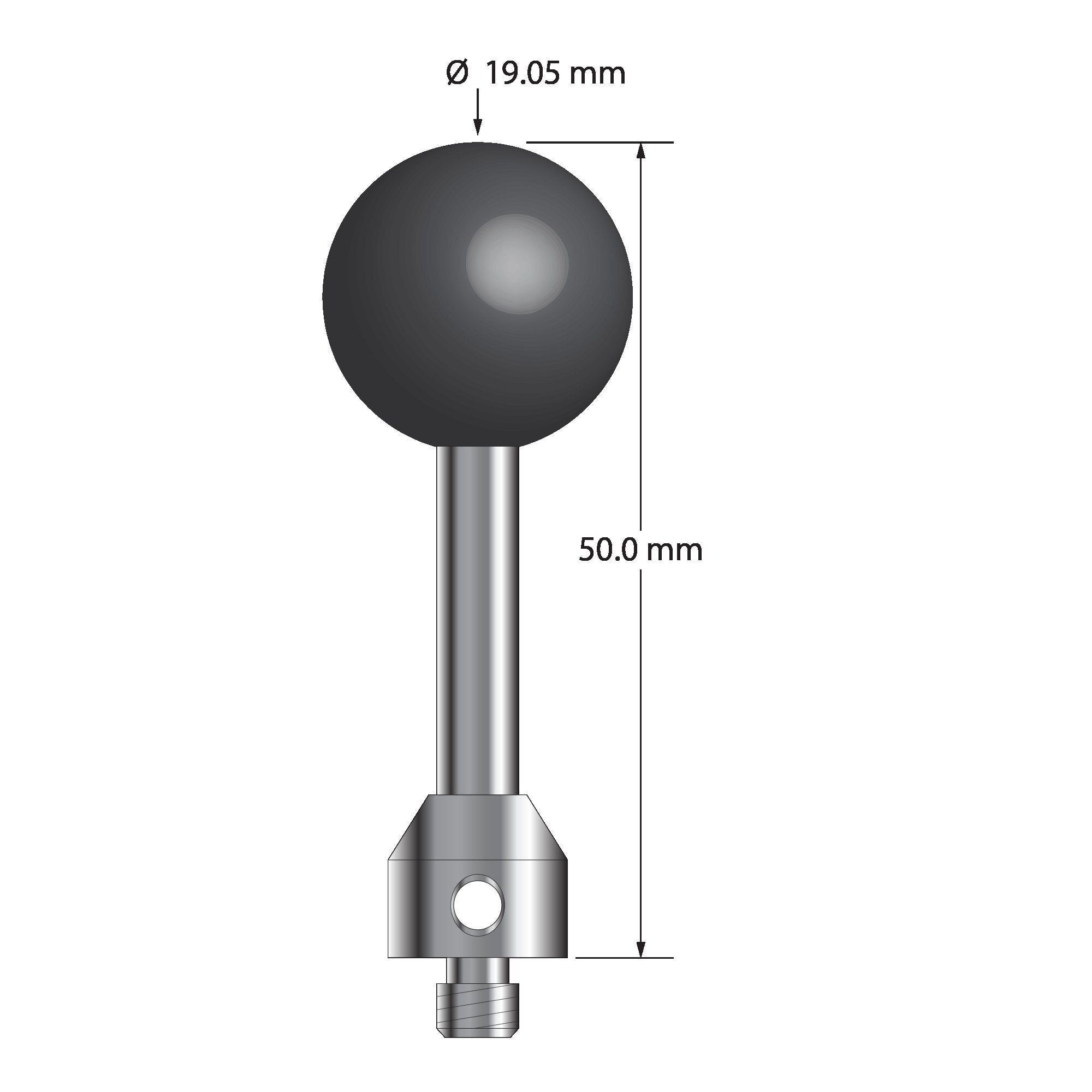ATG-19050-SN M5 stylus with 19.05mm silicon nitride ball, carbide stem, and stainless steel base, 50mm long.