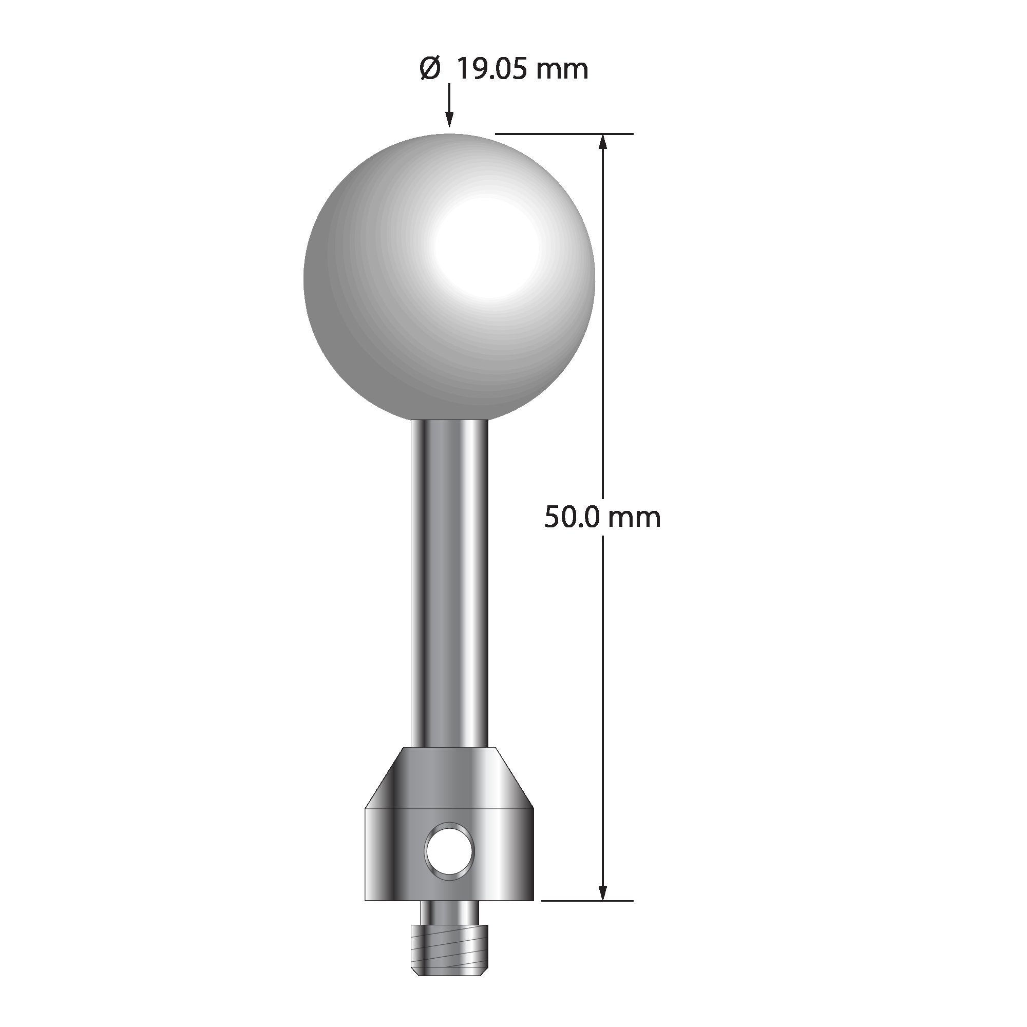 ATG-19050 M5 stylus, 19.05mm ceramic ball, carbide stem, stainless steel base, 50mm long by Q-Mark Manufacturing, Inc.