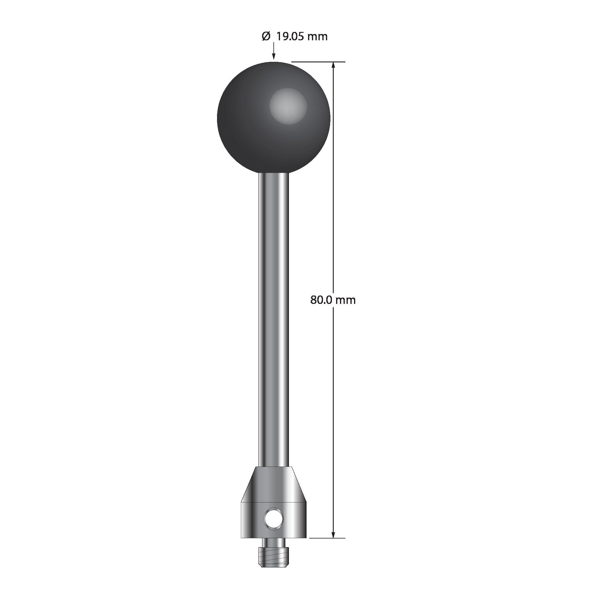 ATG-19080-SN M5 stylus with 19.05mm silicon nitride ball, carbide stem, and stainless steel base, 80mm long.