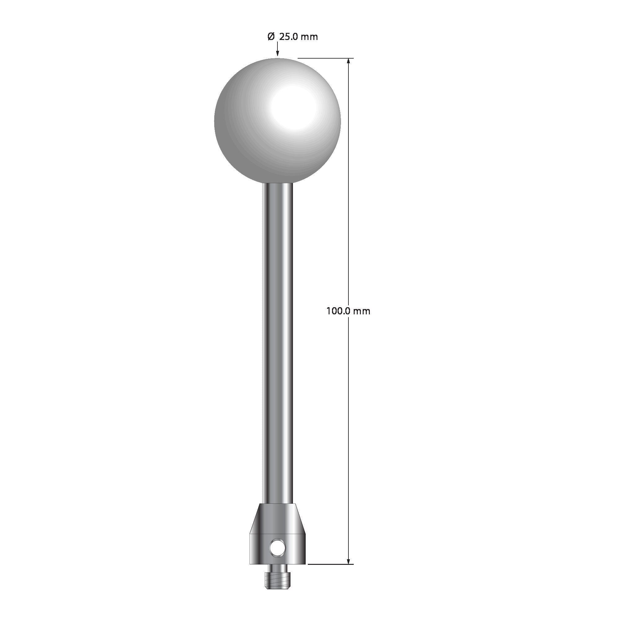 ATG-250100 M5 stylus with 25.0mm ceramic ball, carbide stem, and stainless steel base, 100.0mm long by Q-Mark Manufacturing, Inc.