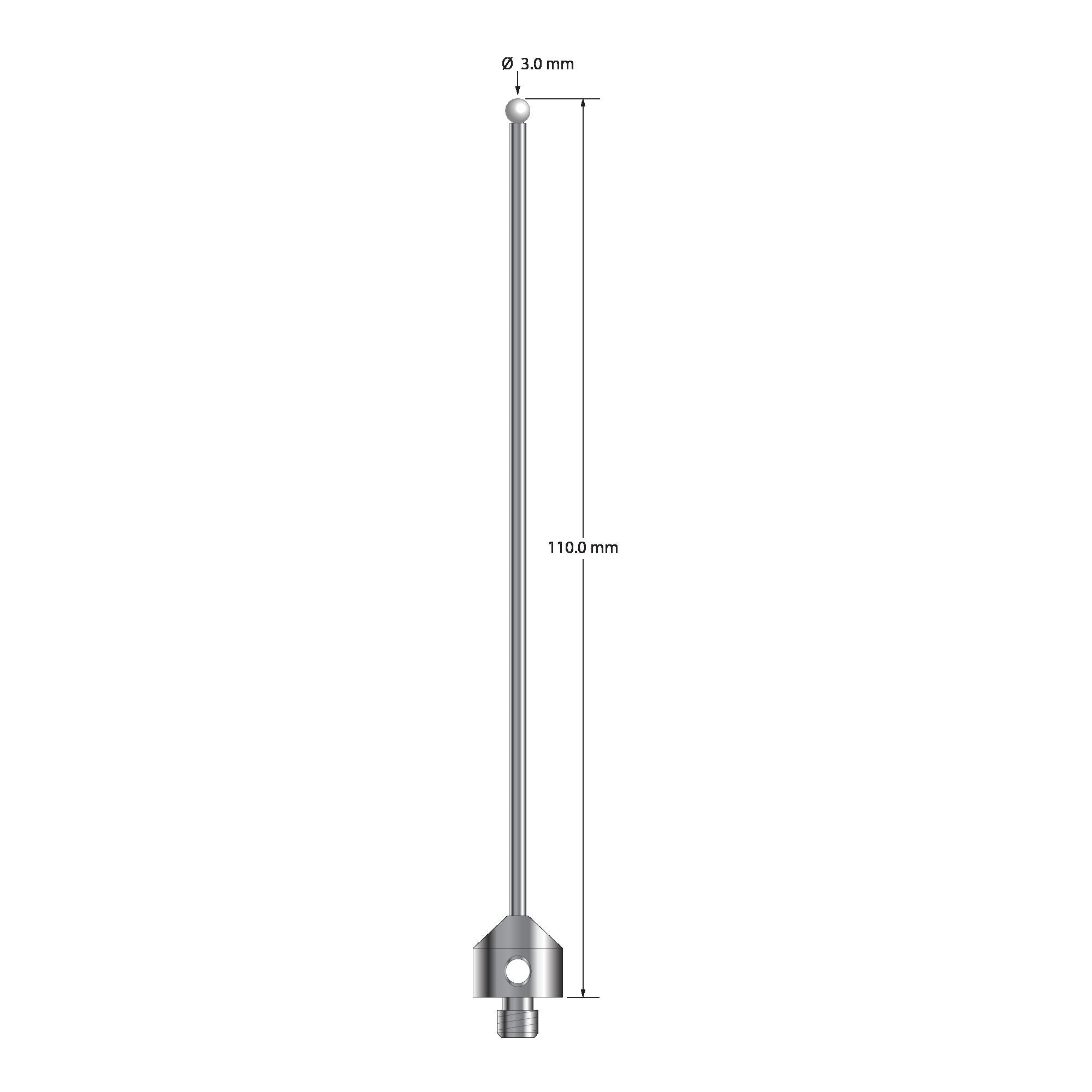 ATG-30110-Z M5 stylus with 3.0mm zirconia ball, carbide stem, and stainless steel base, 110mm long.