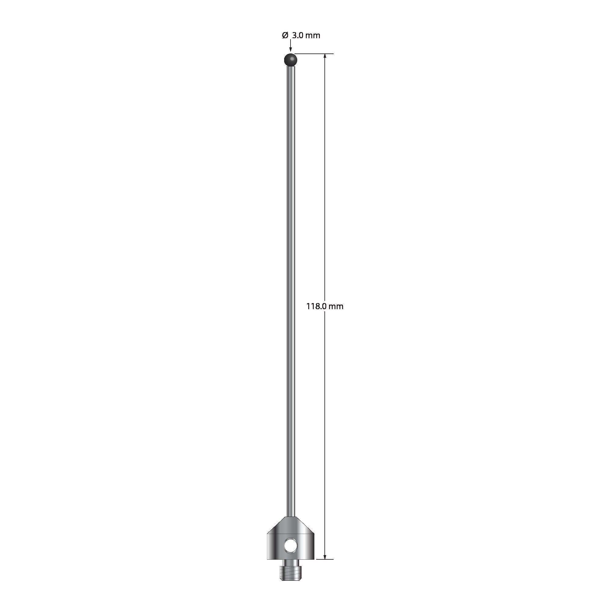 ATG-30118-SN M5 stylus with 3.0mm silicon nitride ball, carbide stem, and stainless steel base, 118mm long.