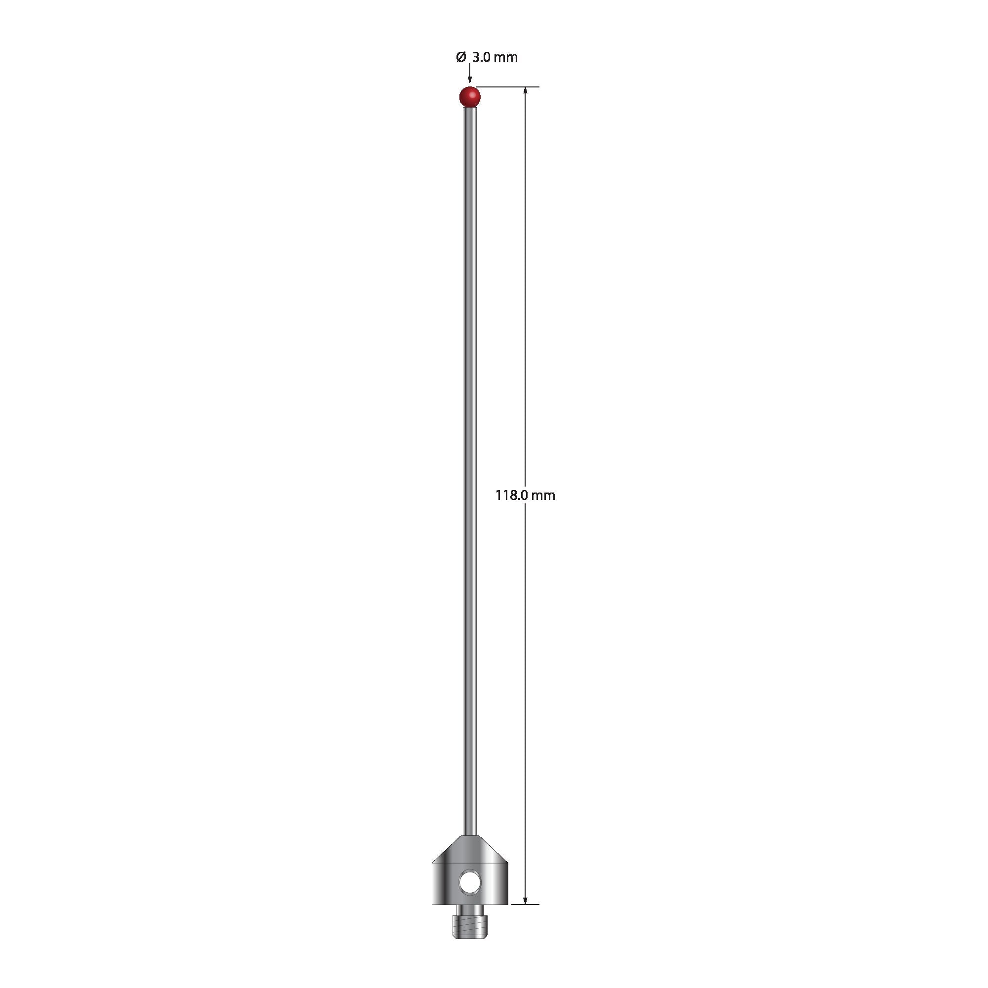 ATG-30118 M5 stylus with 3.0mm ruby ball, carbide stem, and stainless steel base, 118mm long by Q-Mark Manufacturing, Inc.