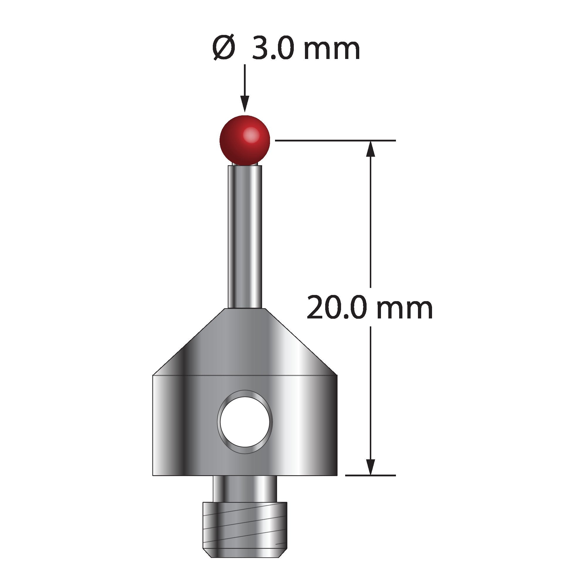 ATG-3021.5 M5 stylus with 3.0mm ruby ball, carbide stem, and stainless steel base, 20.0mm long.