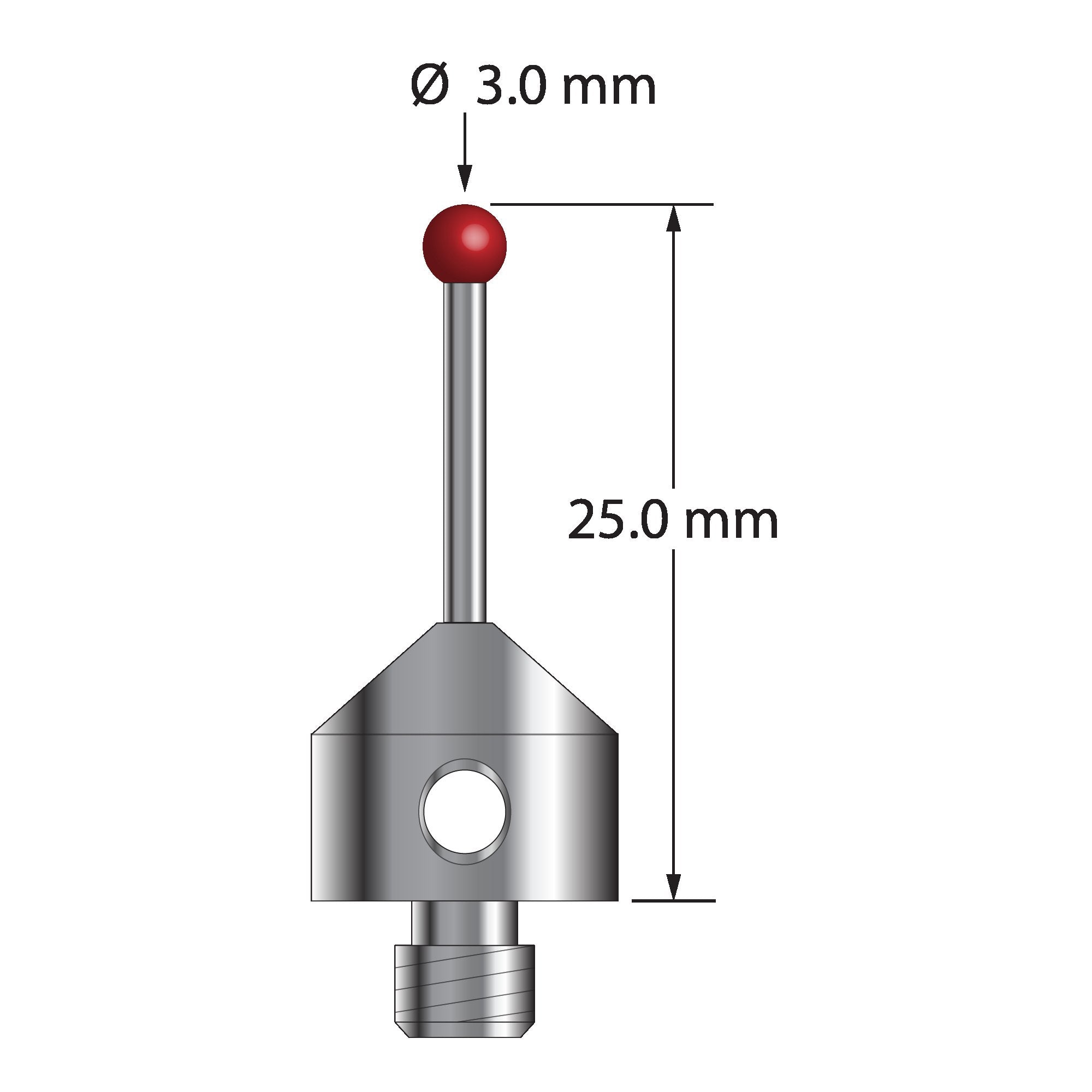 M5 stylus with 3.0 mm diameter ruby ball, 1.5 mm diameter carbide stem, and 11.0 mm diameter x 10.0 mm long anodized aluminum base. Overall stylus length is 25.0 mm. Stylus weight is 2.43 grams.