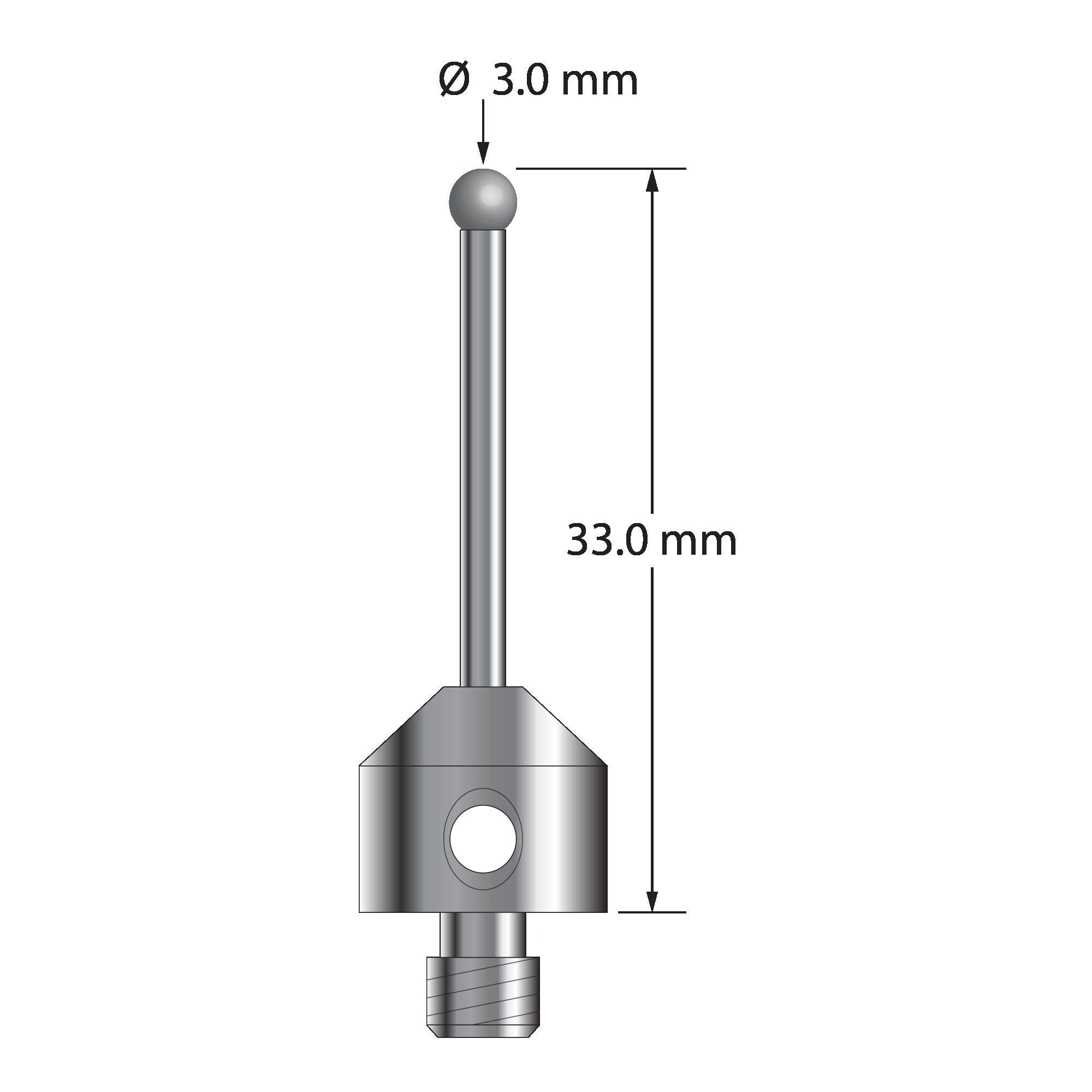 ATG-3033-D M5 stylus with 3.0mm solid diamond sphere, carbide stem, and stainless steel base, 33.0mm long by Q-Mark Manufacturing, Inc.