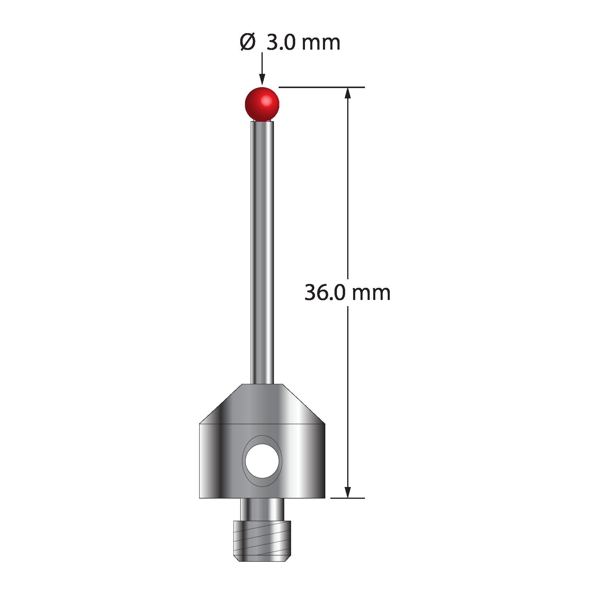 ATG-3036 M5 stylus with 3.0mm ruby ball, carbide stem, and stainless steel base, 36.0mm long by Q-Mark Manufacturing, Inc.