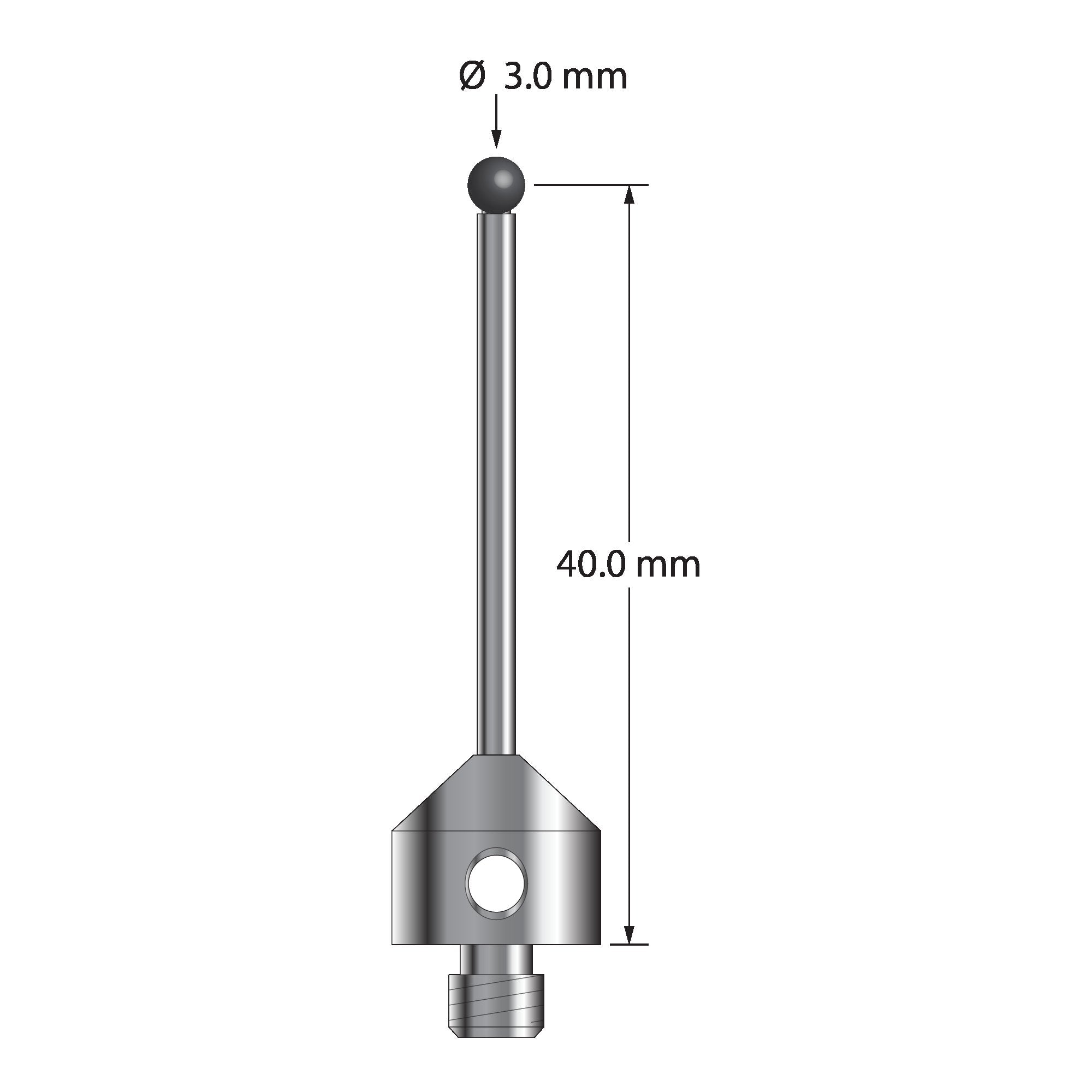 ATG-3041.5-SN M5 stylus with 3.0mm silicon nitride ball, carbide stem, and stainless steel base, 40mm long by Q-Mark Manufacturing, Inc.