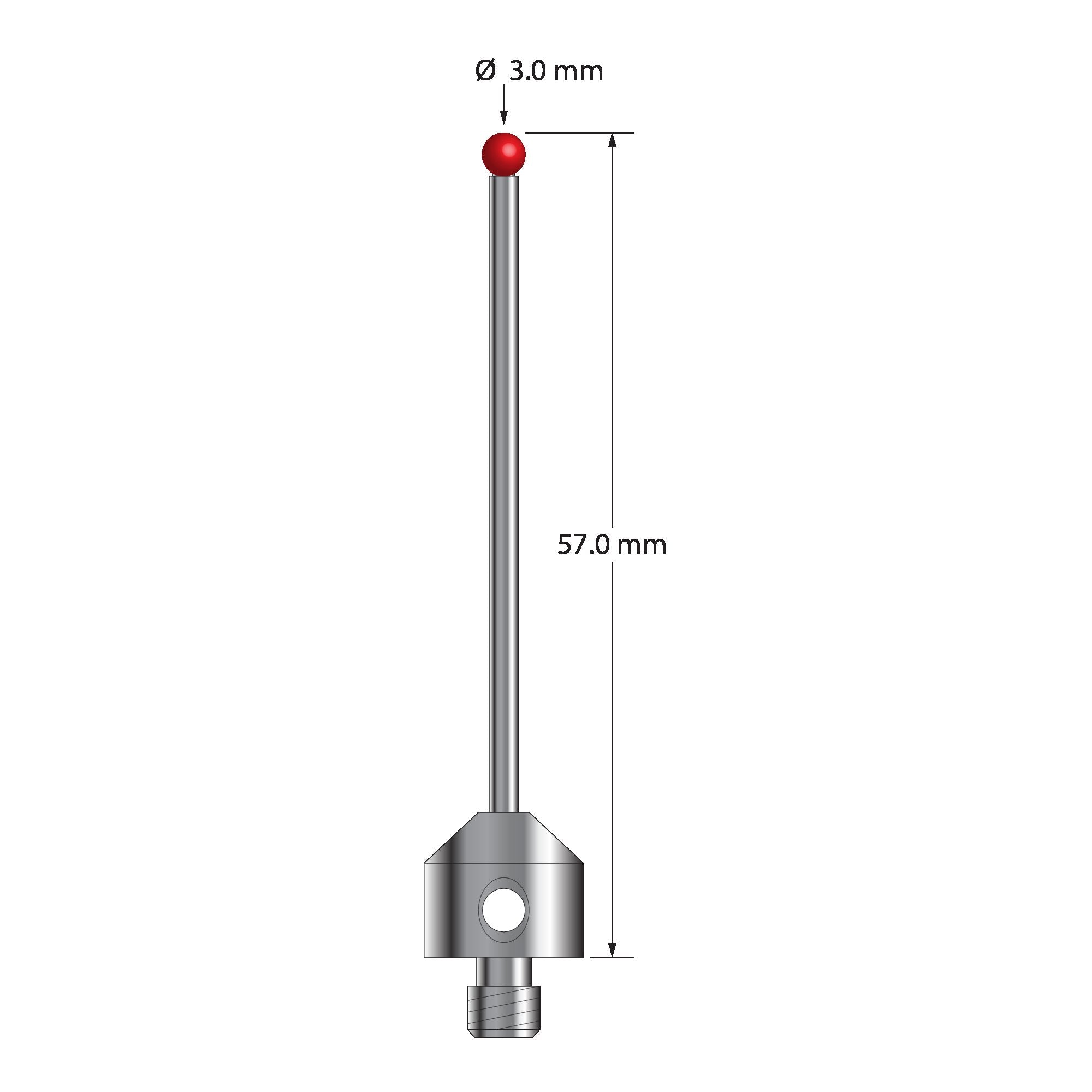 ATG-3057 M5 3.0mm ruby ball stylus with carbide stem and stainless steel base, 57.0mm long by Q-Mark Manufacturing, Inc.