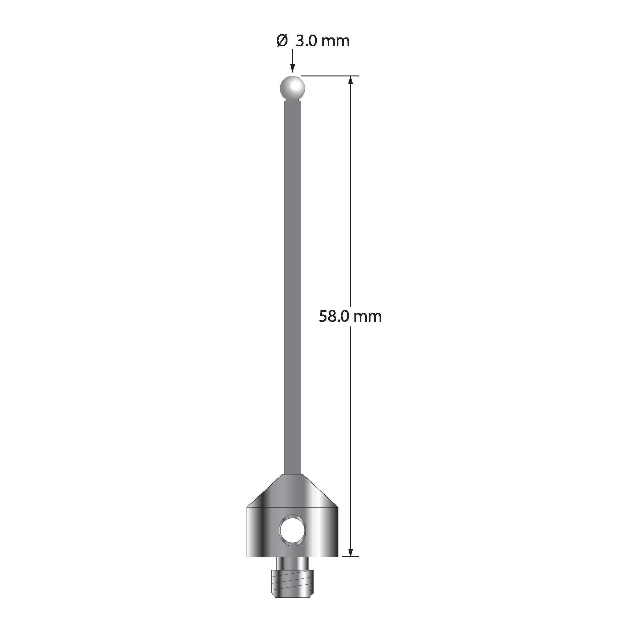ATG-3058-TX-Z M5 stylus with 3.0mm zirconia ball, carbon fiber stem, and titanium base, 58.0mm long by Q-Mark Manufacturing, Inc.