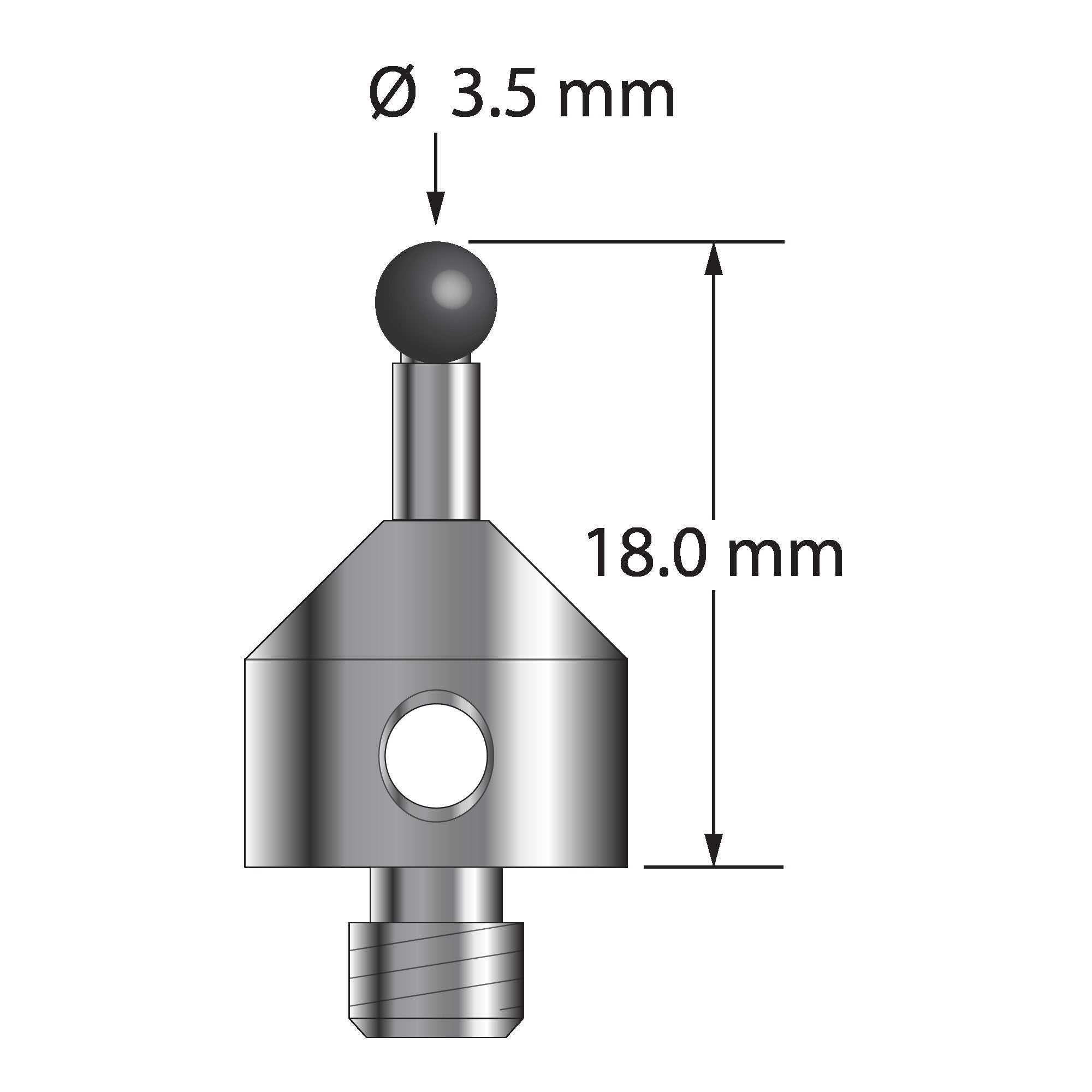 ATG-3518-SN M5 stylus with 3.5mm silicon nitride ball, carbide stem, and stainless steel base, 18mm long.
