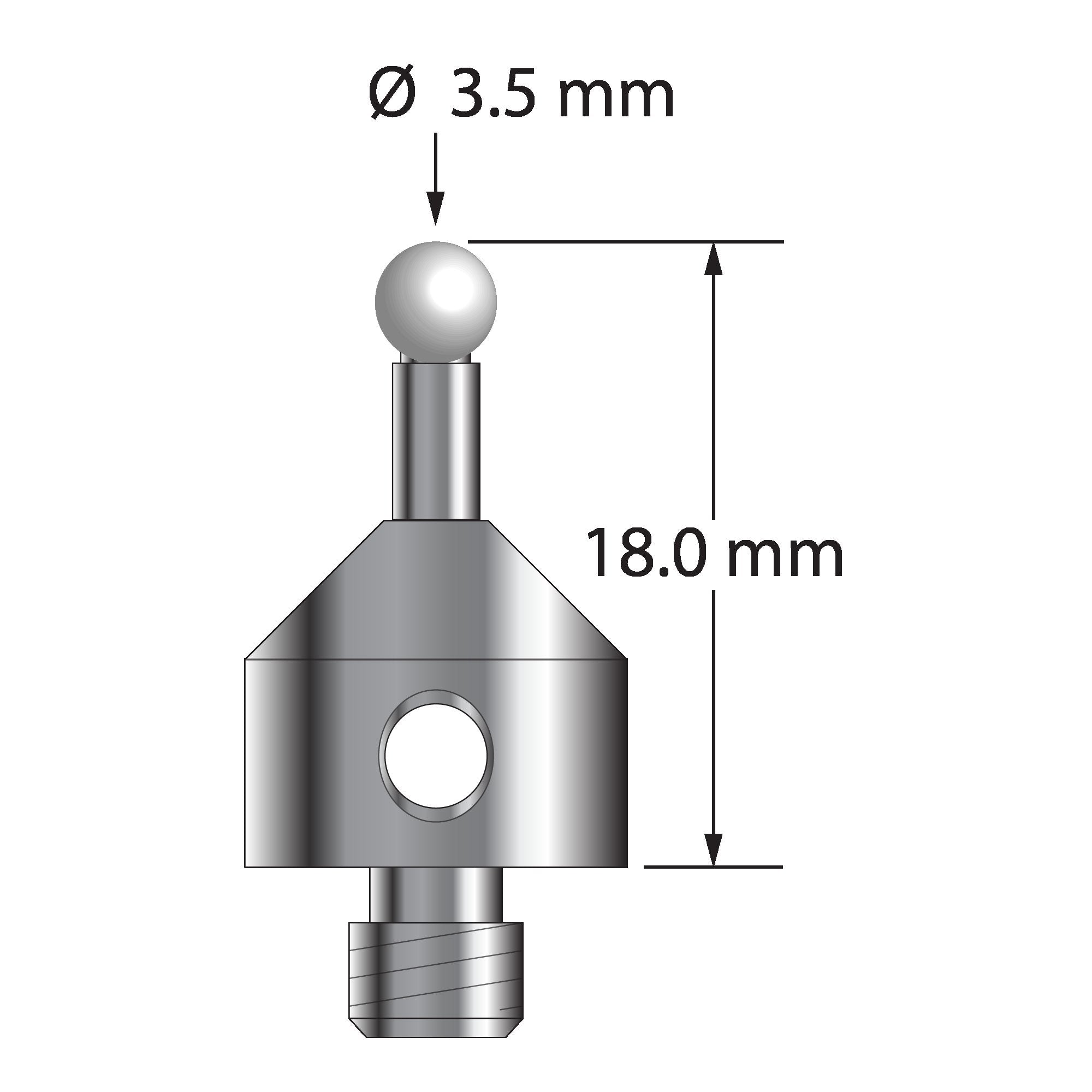 ATG-3518-Z M5 stylus with 3.5mm zirconia ball, carbide stem, and stainless steel base, 18mm long.