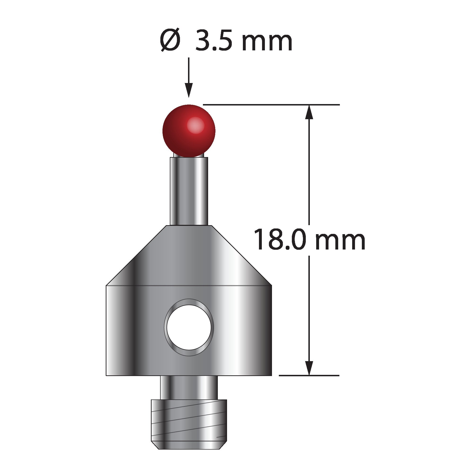 ATG-3518 M5 stylus with 3.5mm ruby ball, carbide stem, and stainless steel base, 18mm long.