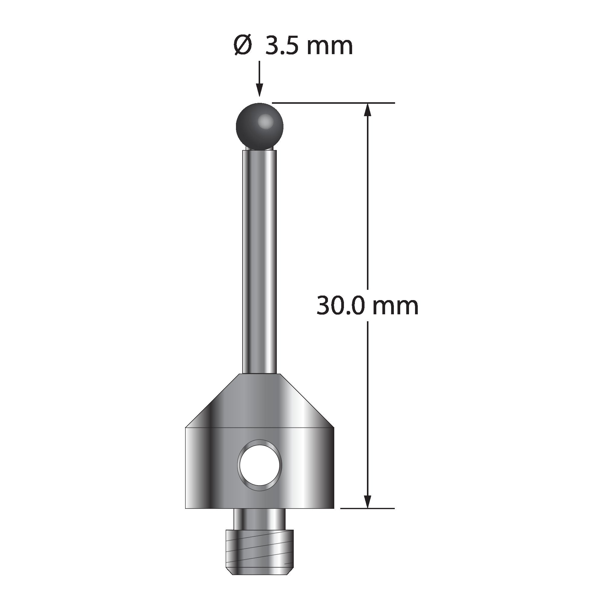 ATG-3530-SN M5 stylus with 3.5mm silicon nitride ball, carbide stem, and stainless steel base, 30mm long.