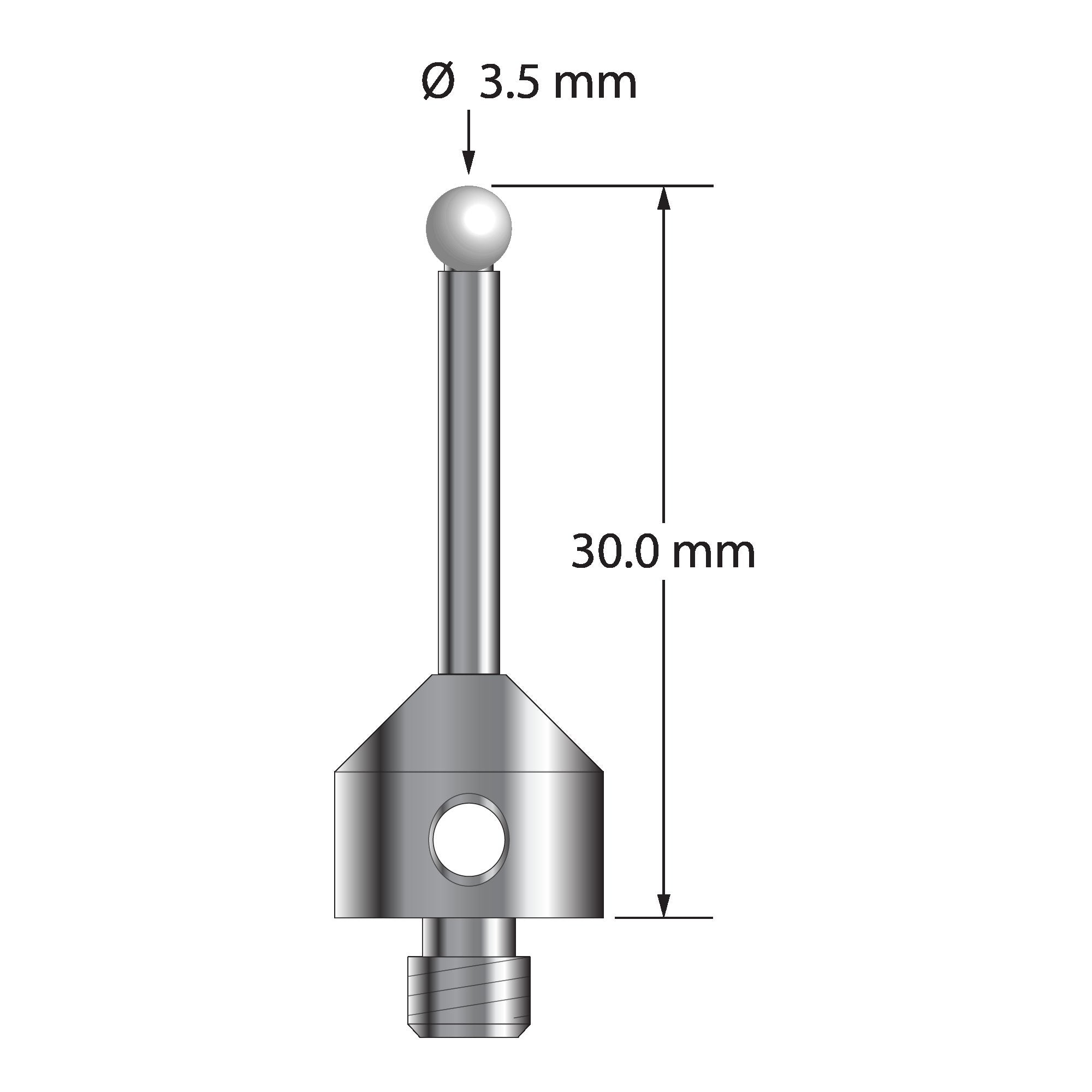 ATG-3530-Z M5 stylus with 3.5mm zirconia ball, carbide stem, and stainless steel base, 30mm long.