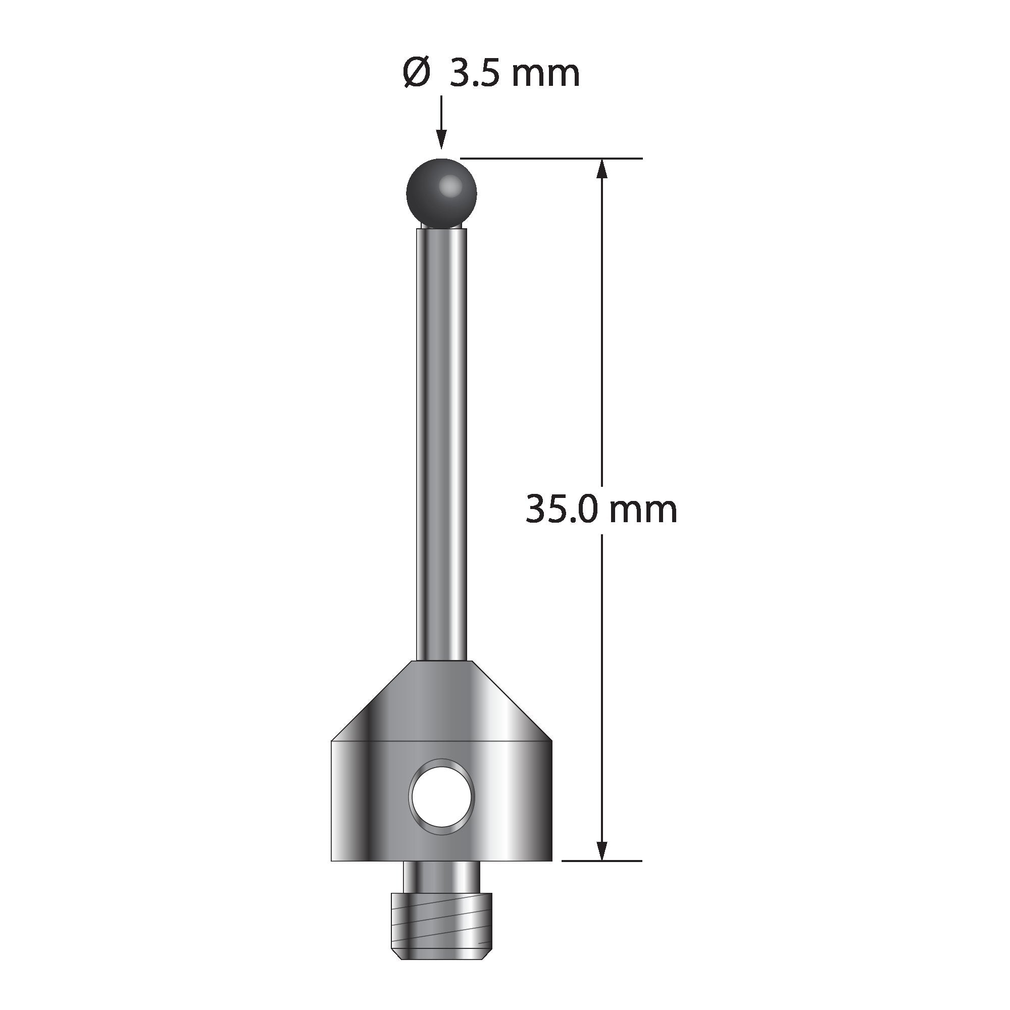 ATG-3535-SN M5 stylus with 3.5mm silicon nitride ball, carbide stem, and stainless steel base, 35mm long.