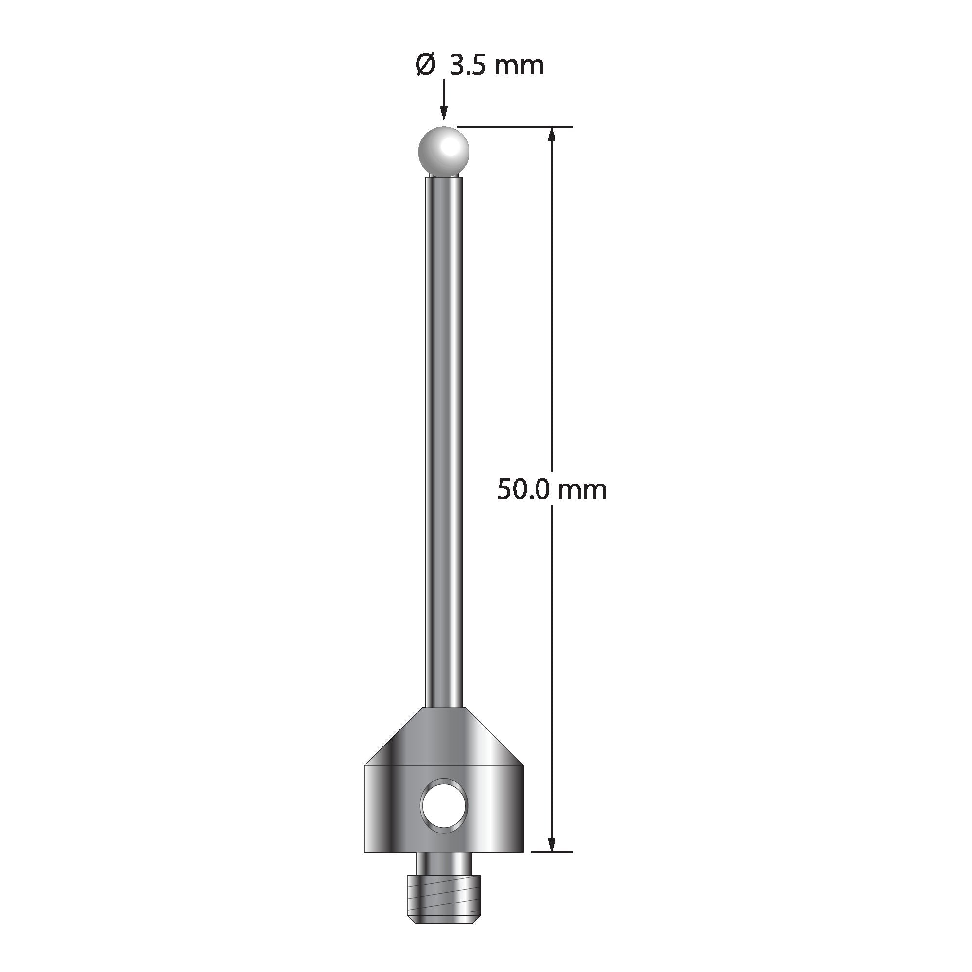 ATG-3550-Z M5 stylus with 3.5mm zirconia ball, carbide stem, and stainless steel base, 50mm long by Q-Mark Manufacturing, Inc.