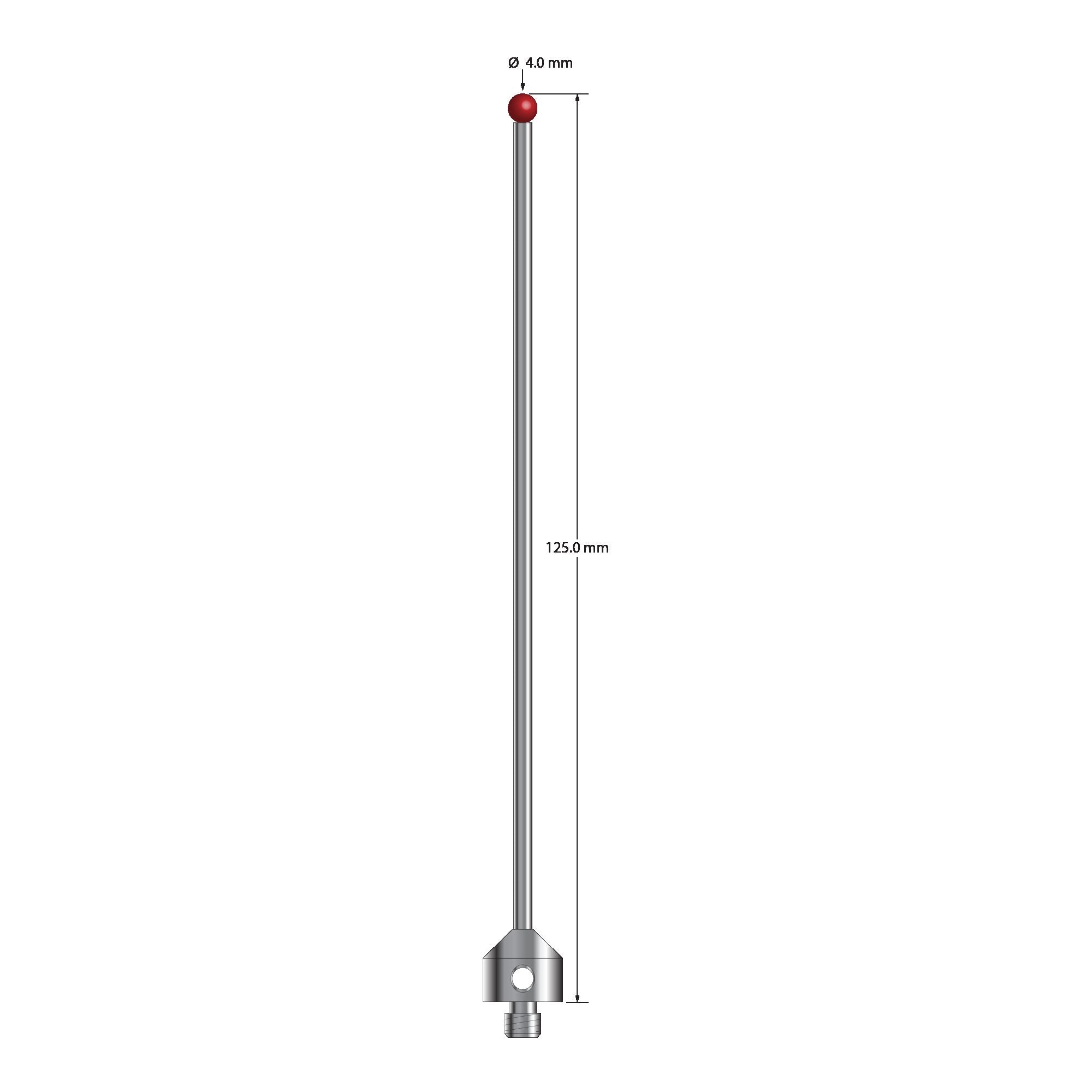ATG-40125 M5 stylus with 4.0mm ruby ball, carbide stem, and stainless steel base, 125mm long.