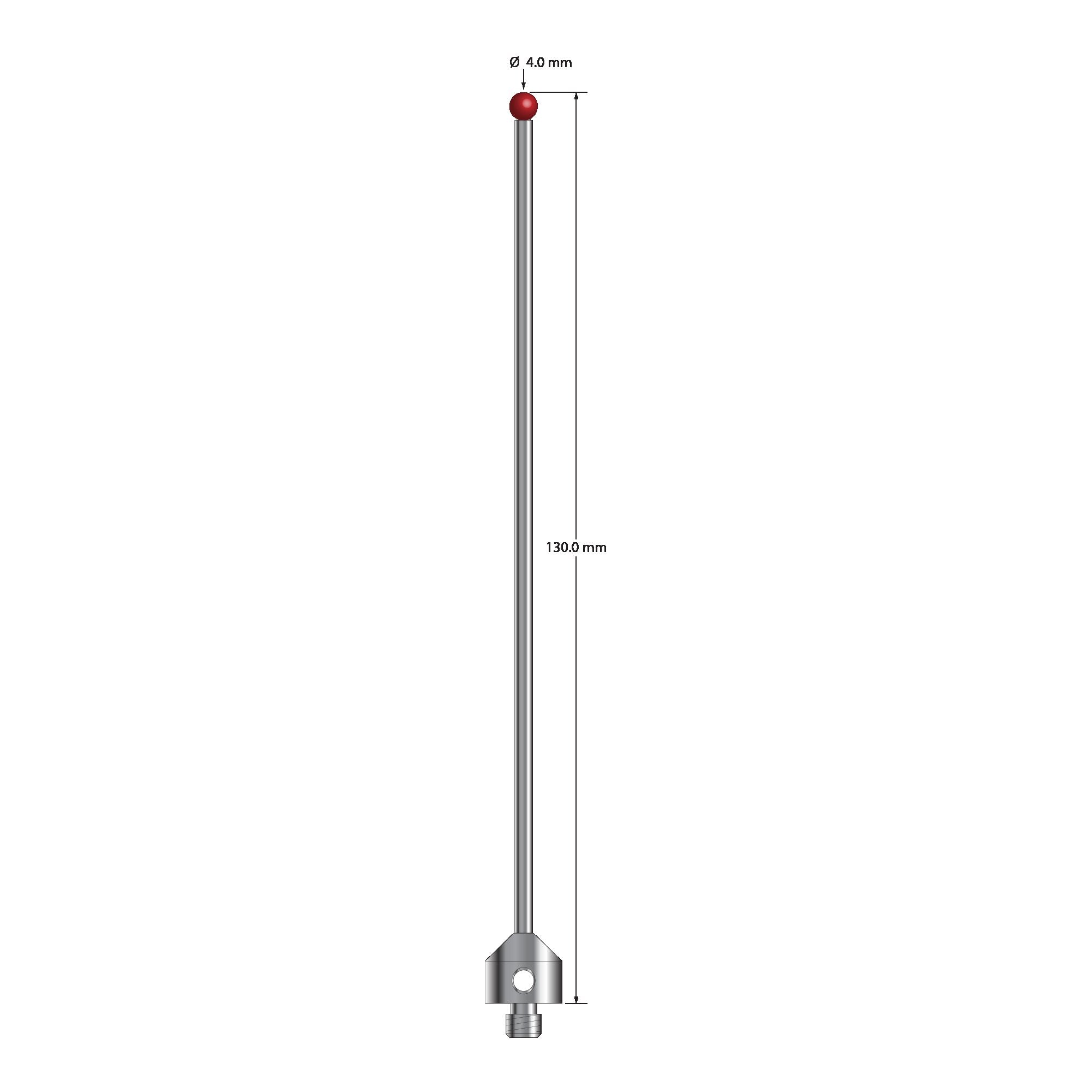 ATG-40130 M5 stylus with 4.0mm ruby ball, carbide stem, and stainless steel base, 130mm long.