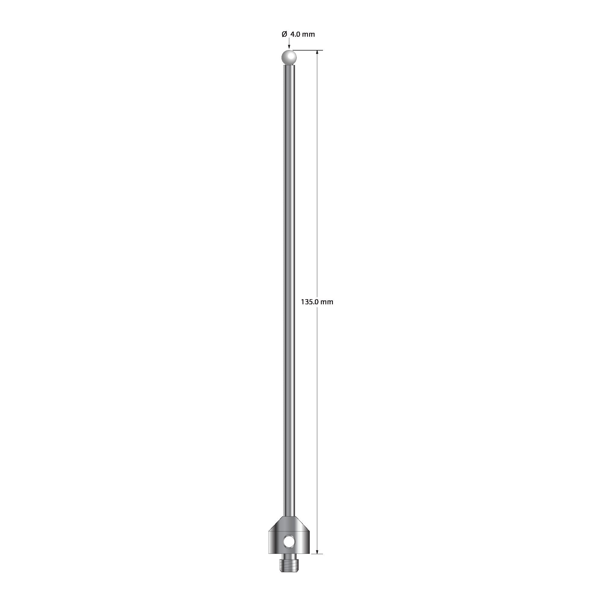 ATG-40135-Z M5 stylus with 4.0mm zirconia ball, carbide stem, and stainless steel base, 135mm long.