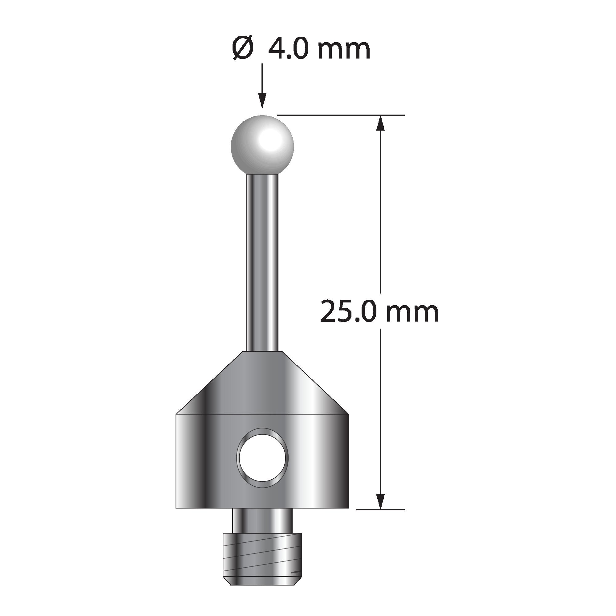 ATG-4025-Z M5 stylus with 4.0mm zirconia ball, carbide stem, and stainless steel base, 25.0mm long.