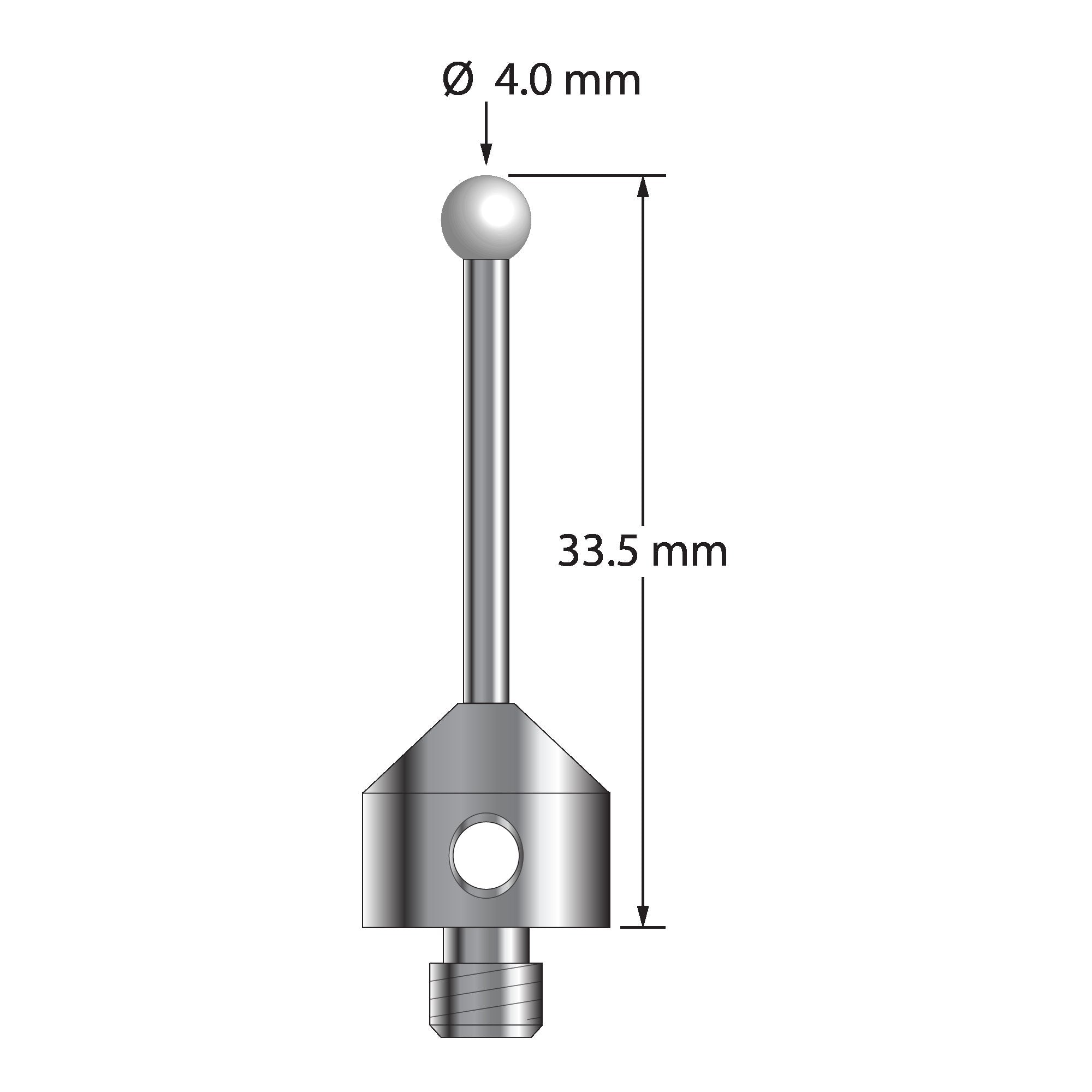 ATG-4033.5-Z M5 stylus with 4.0mm zirconia ball, carbide stem, and stainless steel base, 33.5mm long.