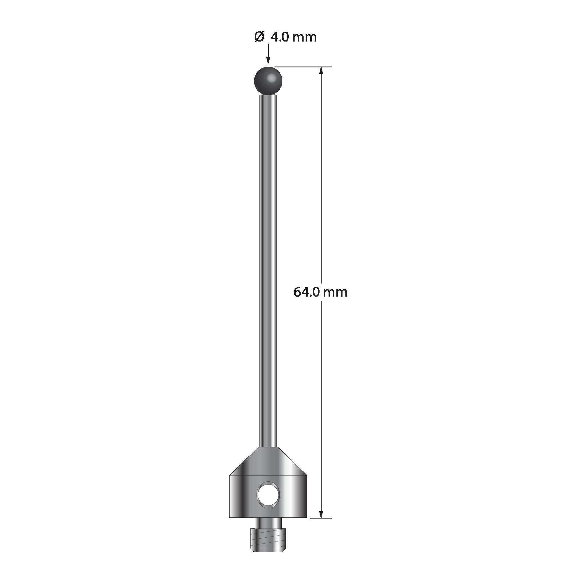 ATG-4064-SN M5 stylus with 4.0mm silicon nitride ball, carbide stem, and stainless steel base, 64.0mm long by Q-Mark Manufacturing, Inc.