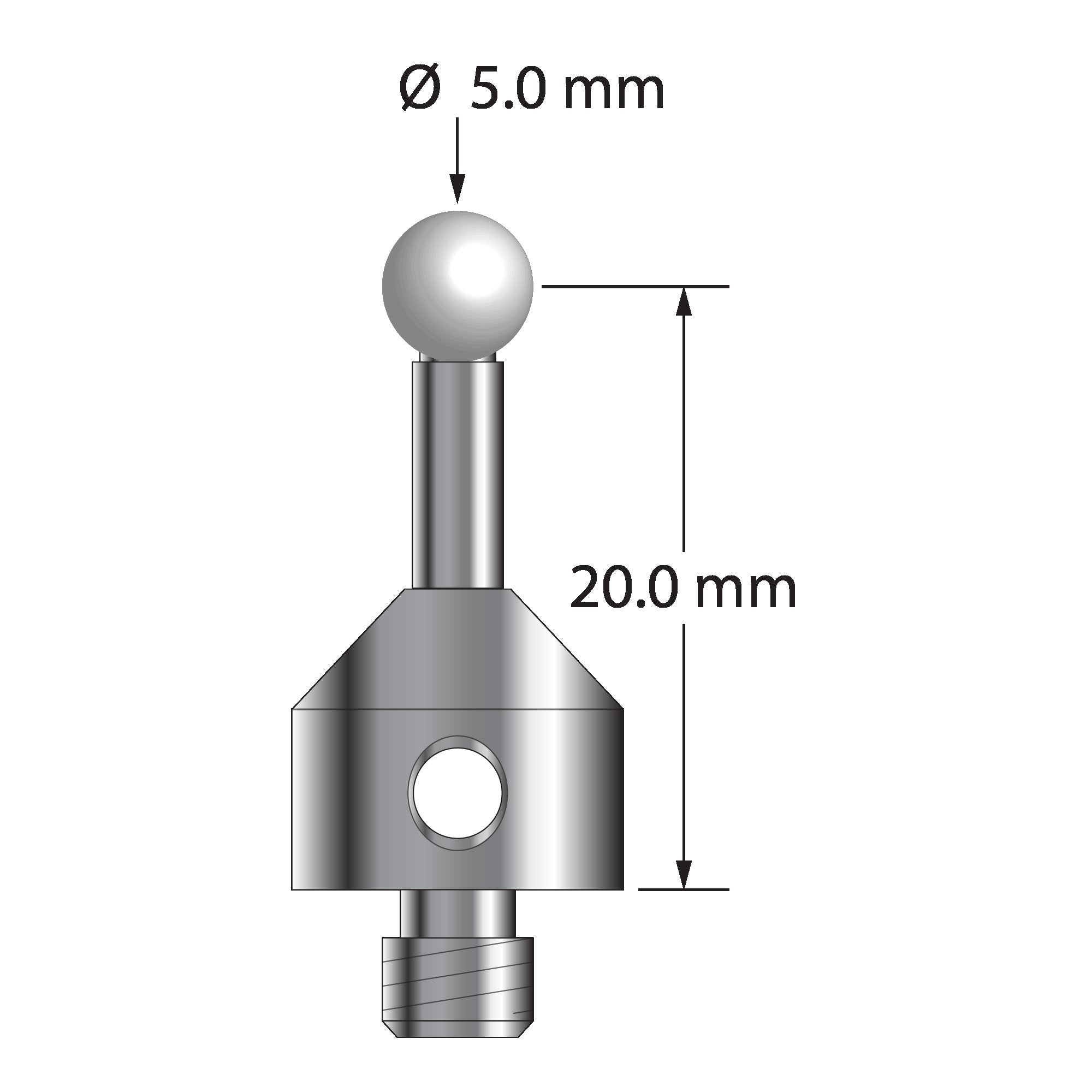 ATG-5022.5-Z M5 stylus with 5.0mm zirconia ball, carbide stem, and stainless steel base, 20.0mm long.