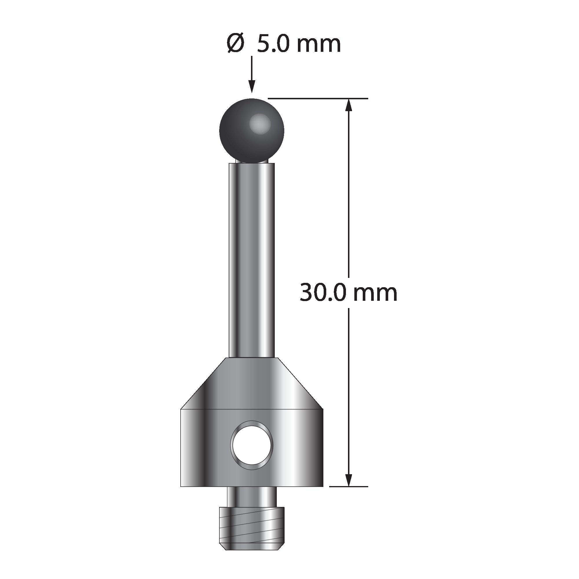 ATG-5030-DS3.5-SN M5 stylus with 5.0mm silicon nitride ball, carbide stem, and stainless steel base, 30.0mm long by Q-Mark Manufacturing, Inc.