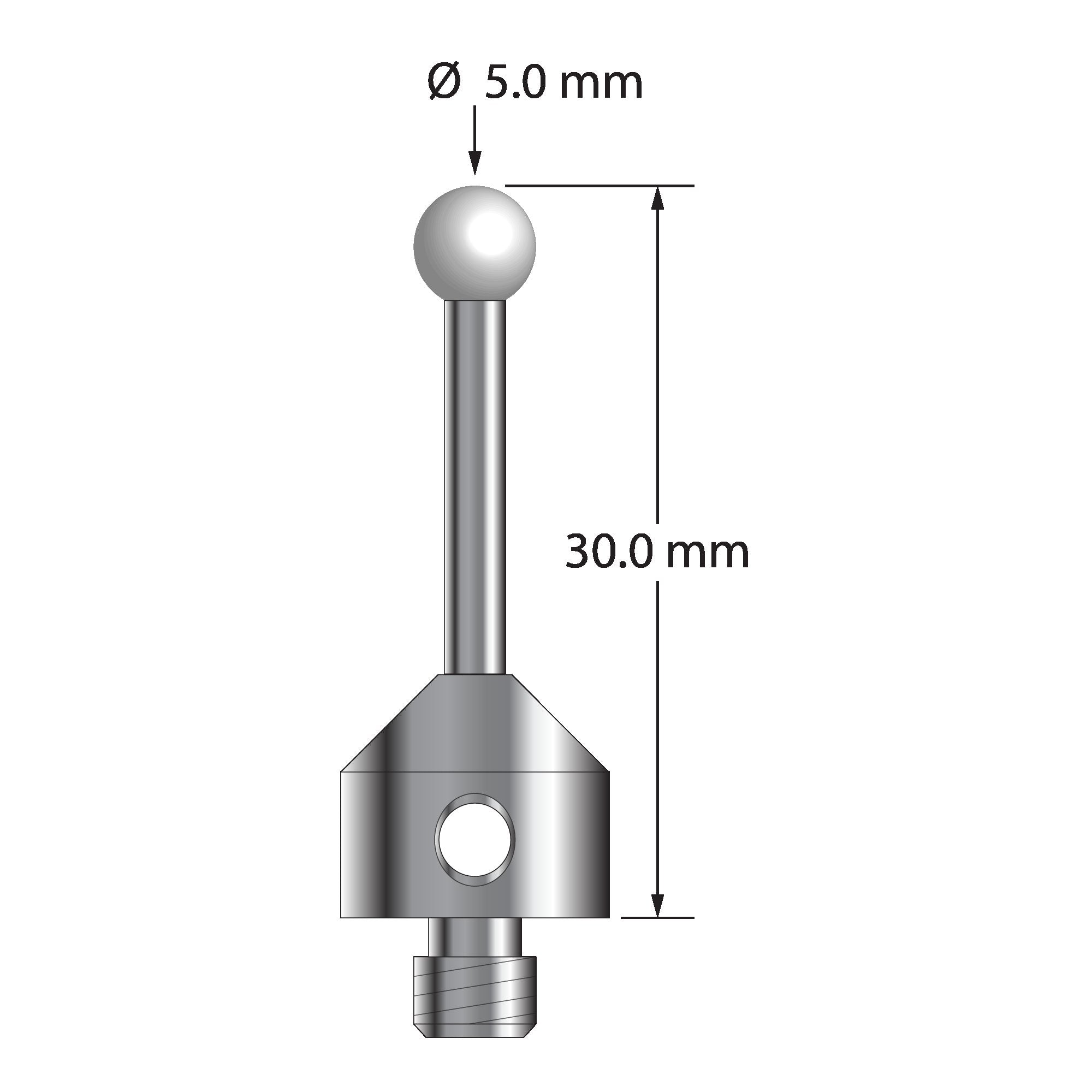 ATG-5030-Z M5 stylus with 5.0mm zirconia ball, carbide stem, and stainless steel base, 30.0mm long by Q-Mark Manufacturing, Inc.
