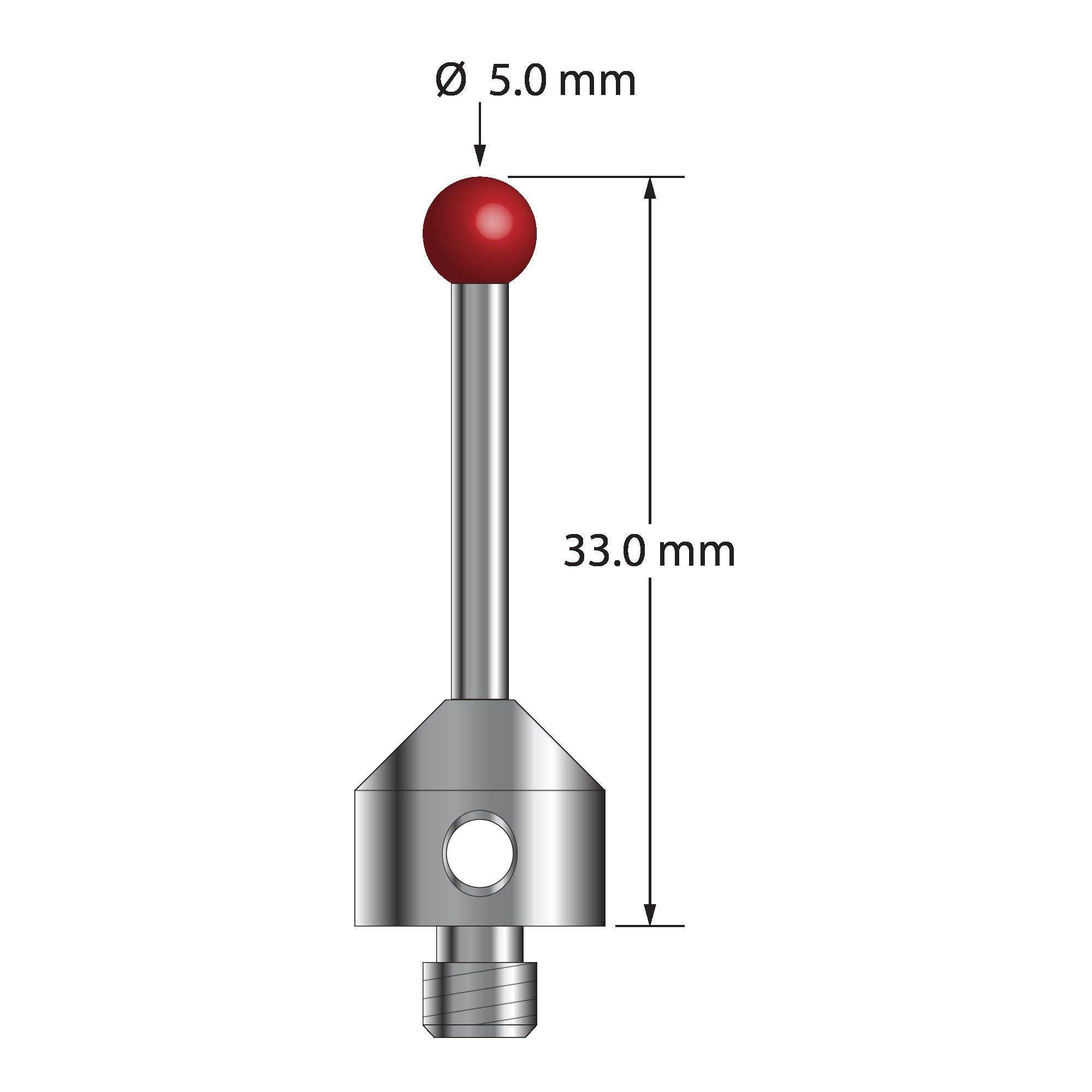ATG-5033 M5 stylus with 5.0mm ruby ball, carbide stem, and stainless steel base, 33.0mm long by Q-Mark Manufacturing, Inc.