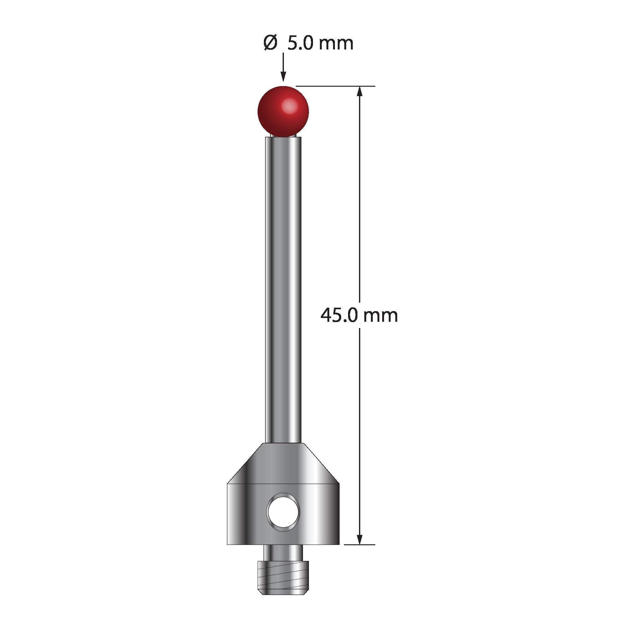 ATG-5045 M5 stylus with 5.0mm ruby ball, carbide stem, and stainless steel base, 45.0mm long by Q-Mark Manufacturing, Inc.