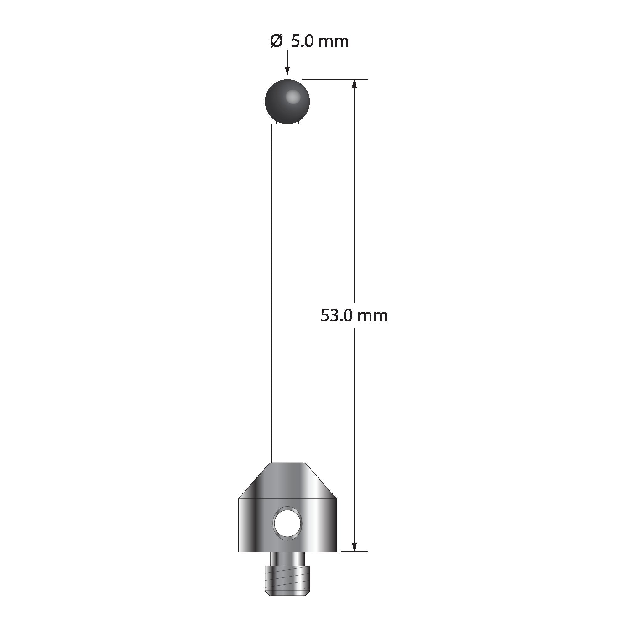 ATG-5053-C-SN M5 stylus with 5.0mm silicon nitride ball, ceramic stem, and aluminum base, 53.0mm long.