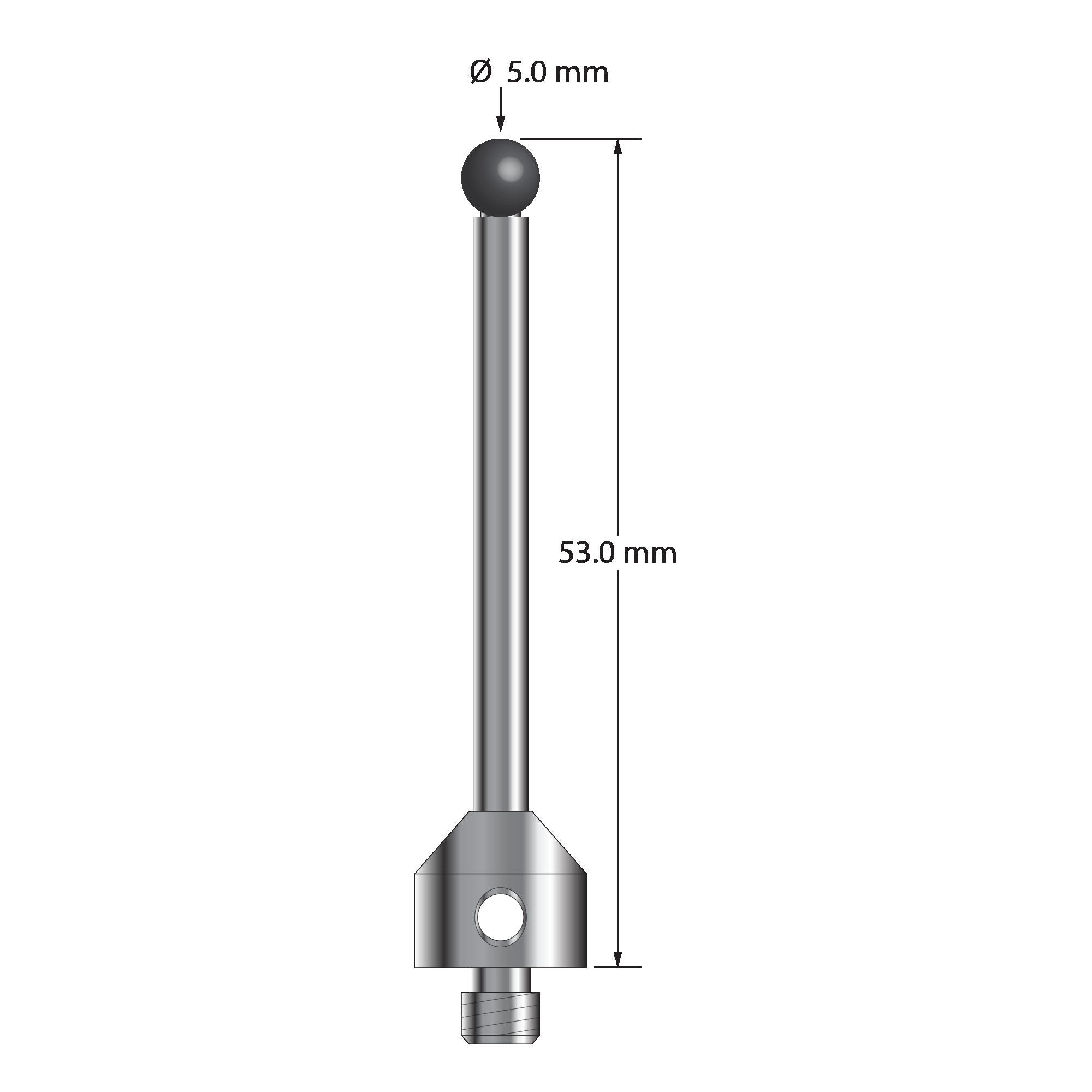 ATG-5053-SN M5 stylus with 5.0mm silicon nitride ball, carbide stem, and stainless steel base, 53.0mm long by Q-Mark Manufacturing, Inc.